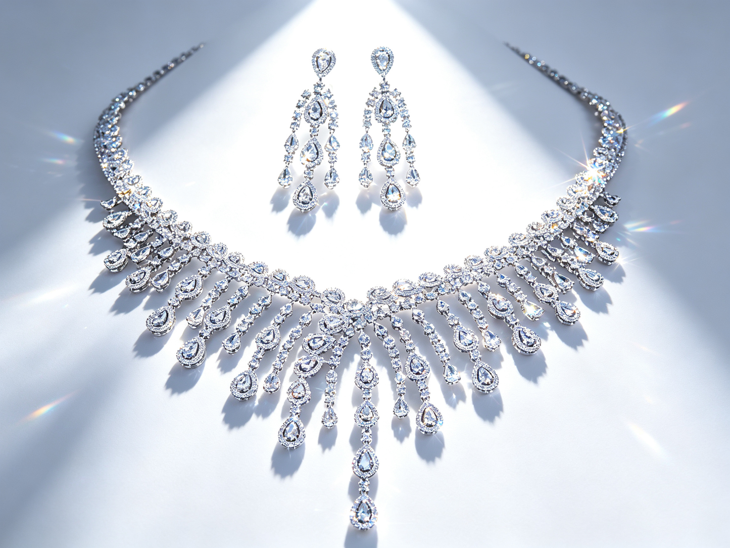 Luxury Full Zircon Fringe Necklace & Earring Set - Handmade Precision Prong Setting AAA Zircon Bridal Jewelry (46cm)LUNA-X150