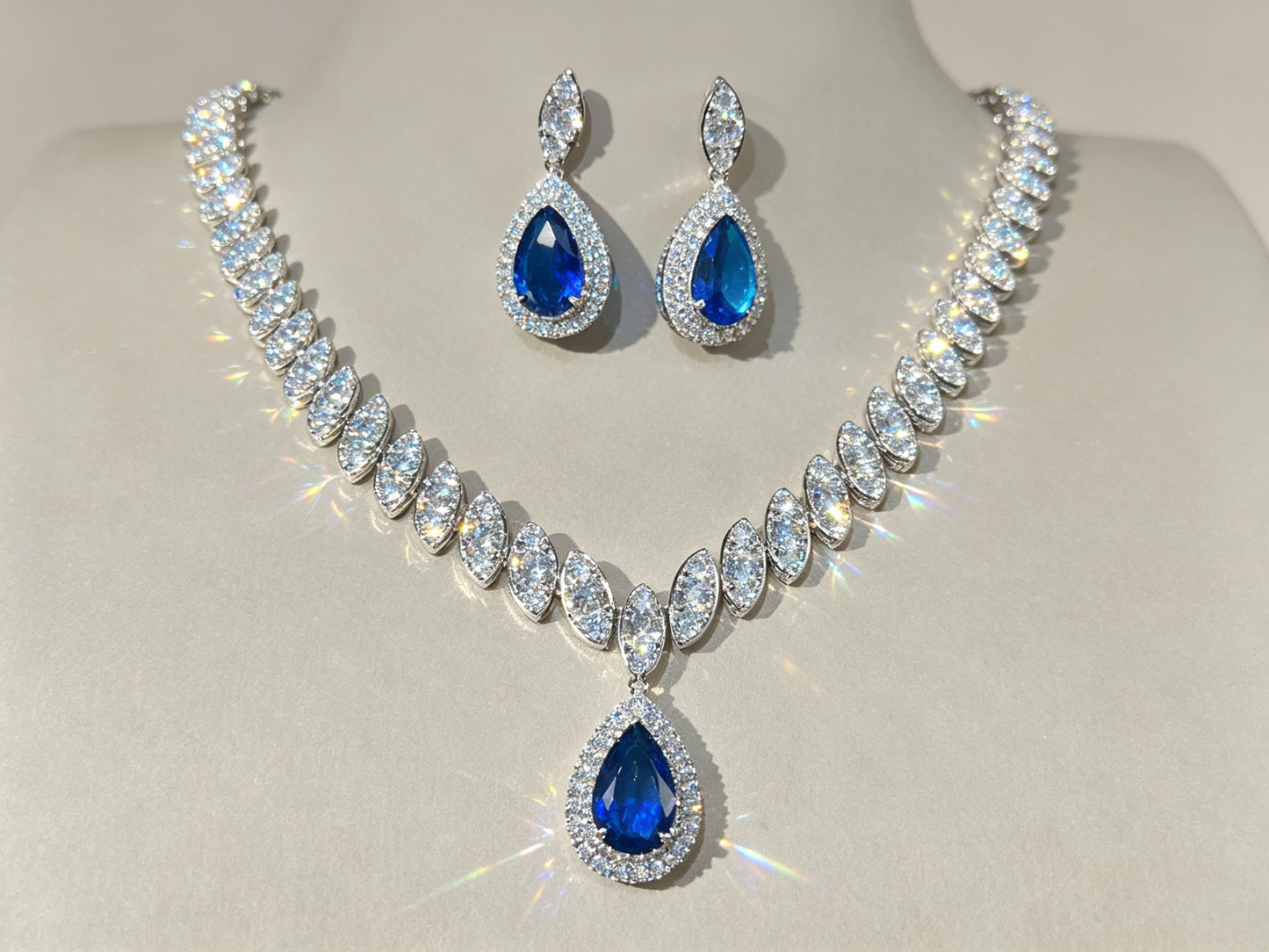 Luxury Teardrop Cubic Zirconia Jewelry Set - Elegant Crystal Statement Necklace and Dangle Earrings - White Gold Plated Bridal Banquet Set in 4 Royal Colors LUNA-X124