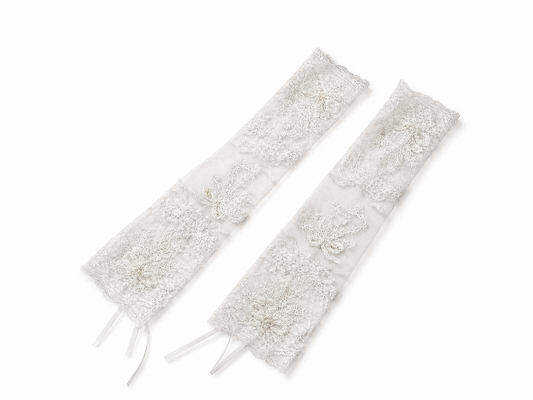 Vintage Fingerless Bridal Gloves Long 47cm, Floral Lace Wedding Sleeve Gloves with Pearls and Ribbon Tie for Bride Marriage Accessories LUNA-X181