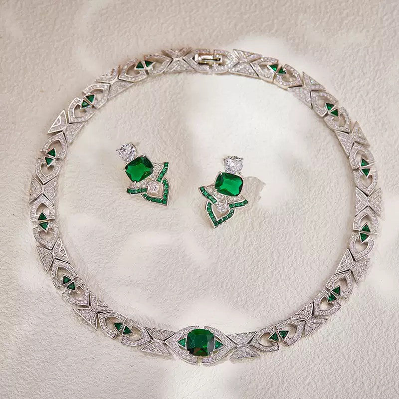 Luxury Emerald Choker Necklace & Earring Set - Gold-Plated Full Zircon Vintage Evening Jewelry LUNA-X149