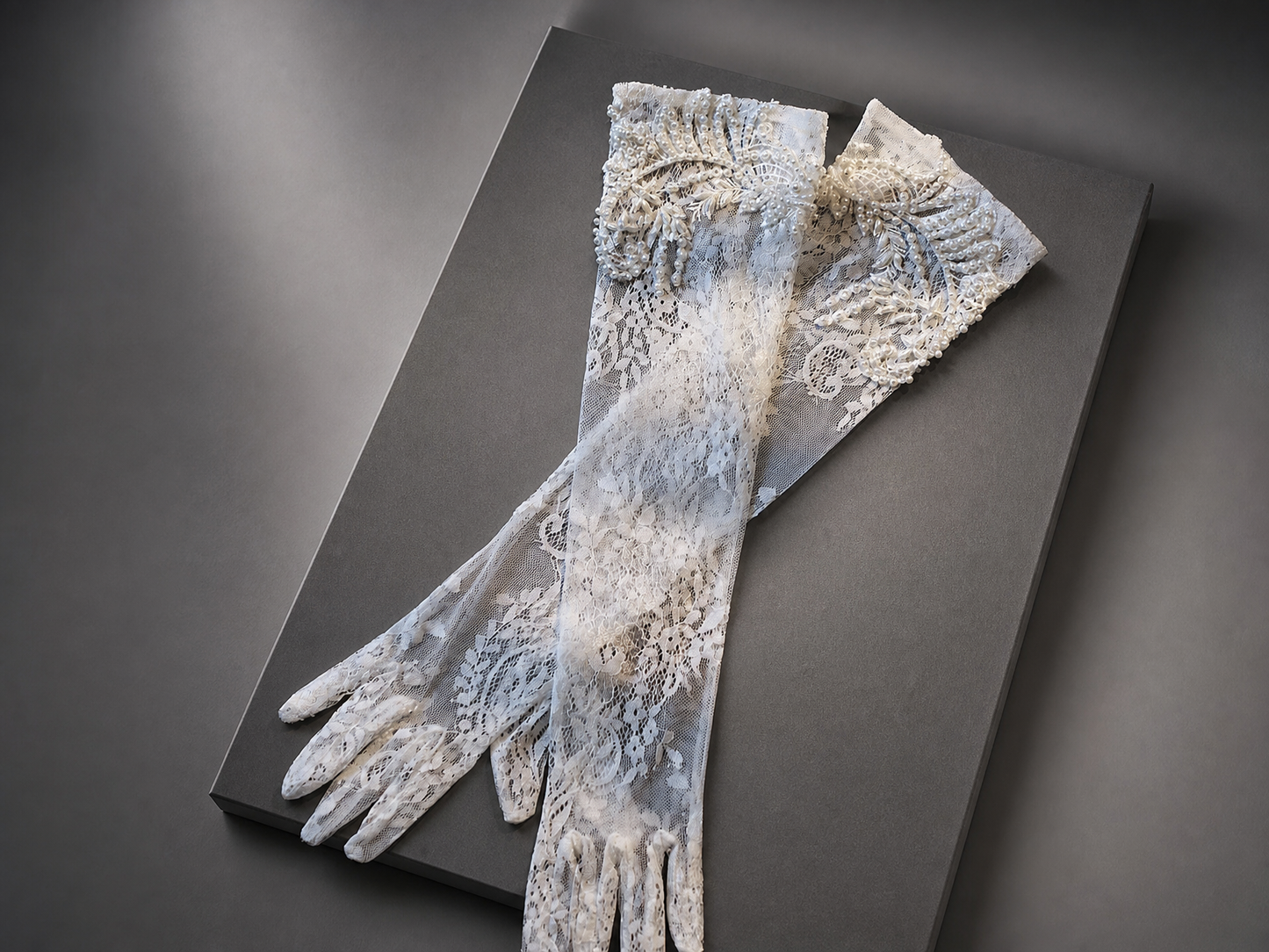 Elegant 50cm Opera Length Lace Bridal Gloves, French Romantic Wedding Gloves with Hand-Stitched Exquisite Pearl Embellishments LUNA-X179