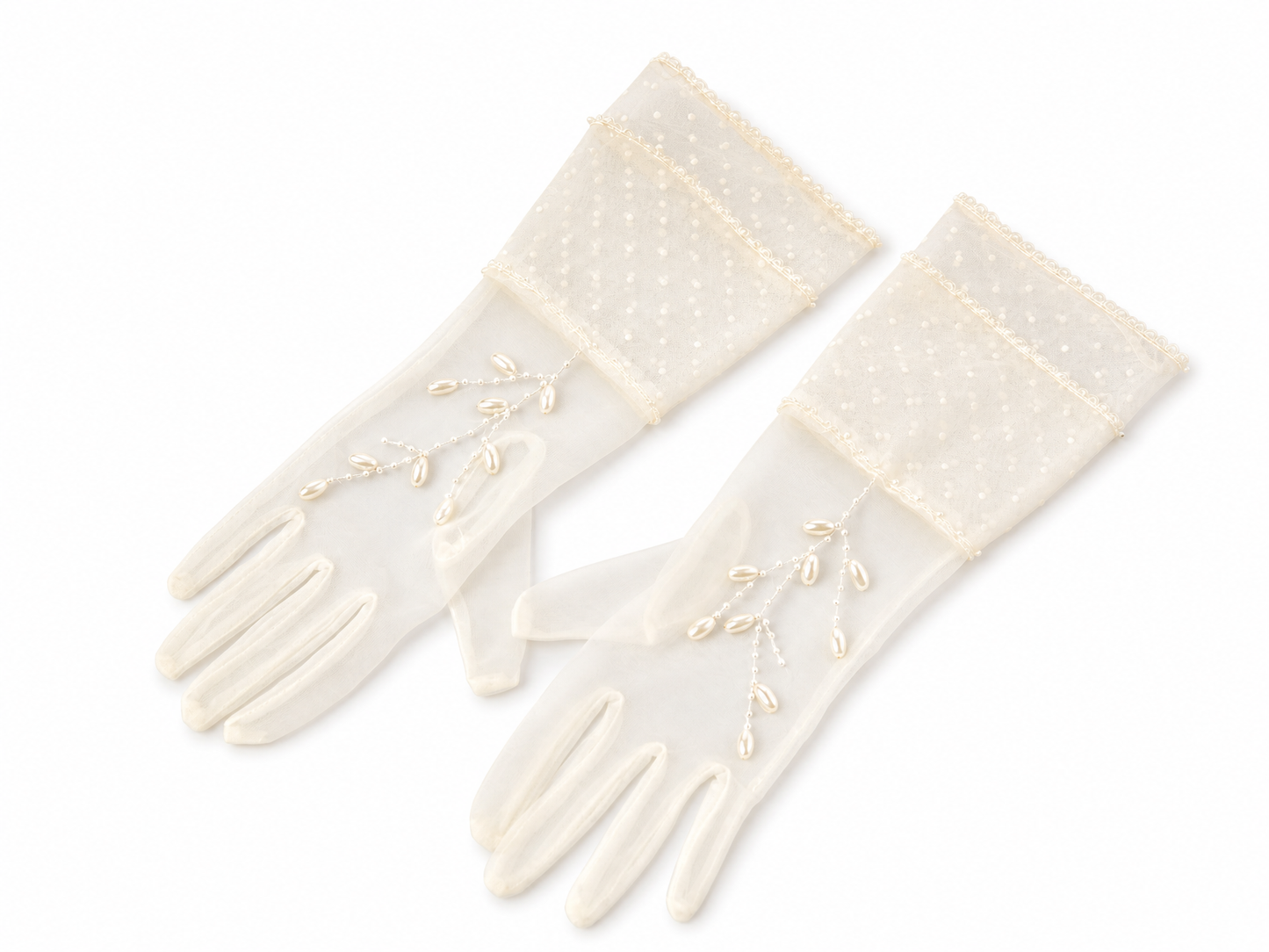 Vintage French Polka Dot Mesh Bridal Gloves, Short Tulle Wedding Gloves with Pearl Vine Embroidery and Double Ruffle Cuffs (35cm) LUNA-X182