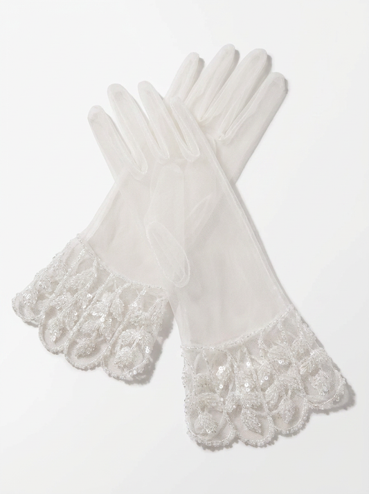 White Mesh Lace Sequin Bridal Short Gloves for Wedding and Banquet  LUNA-X190