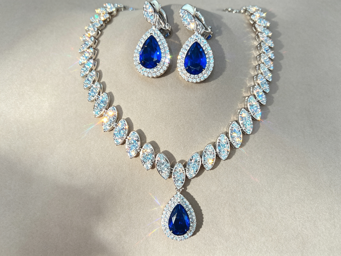 Luxury Teardrop Cubic Zirconia Jewelry Set - Elegant Crystal Statement Necklace and Dangle Earrings - White Gold Plated Bridal Banquet Set in 4 Royal Colors LUNA-X124