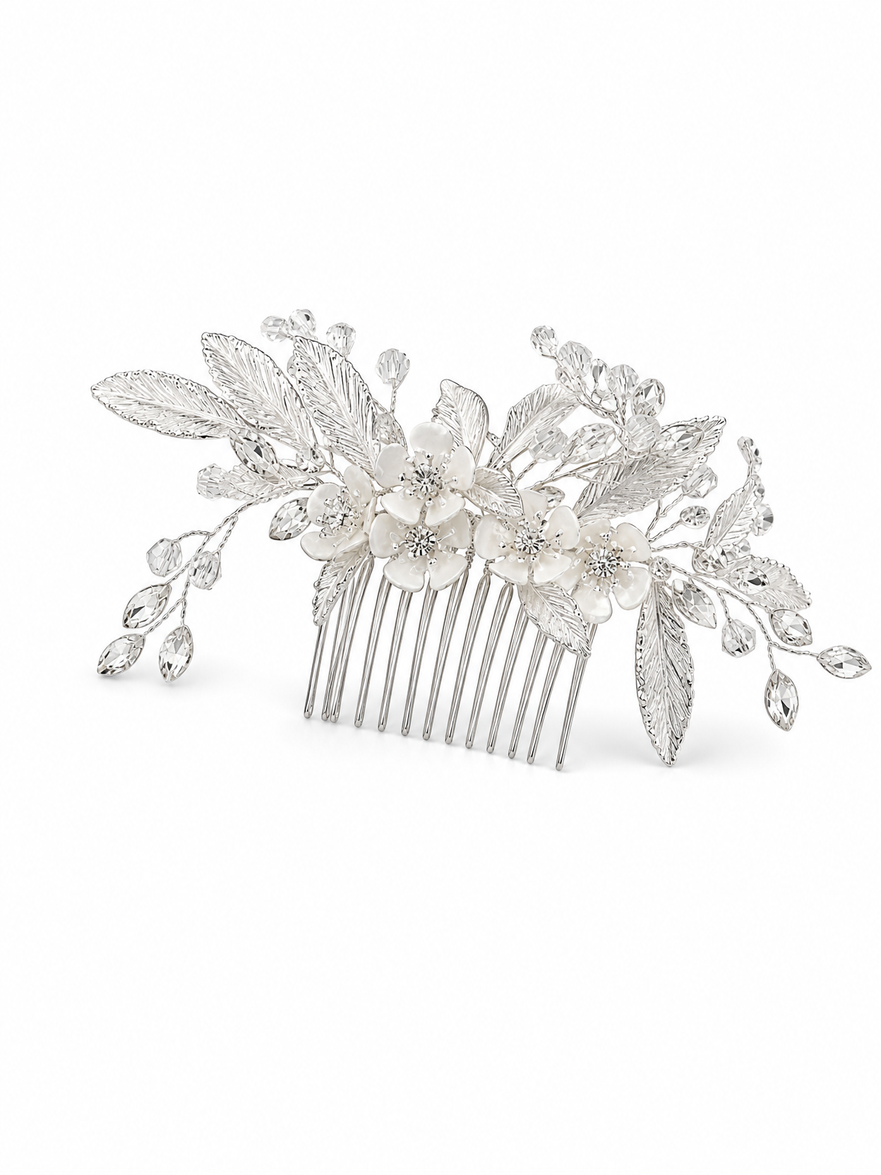 Silver Crystal Floral Bridal Hair Comb with Glass Rhinestones - Wedding Headpiece (14.5cm) LUNA-X193