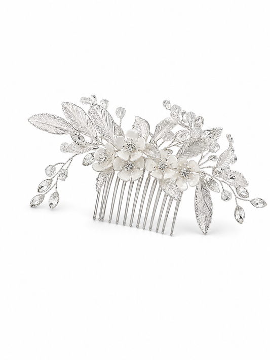 Silver Crystal Floral Bridal Hair Comb with Glass Rhinestones - Wedding Headpiece (14.5cm) LUNA-X193