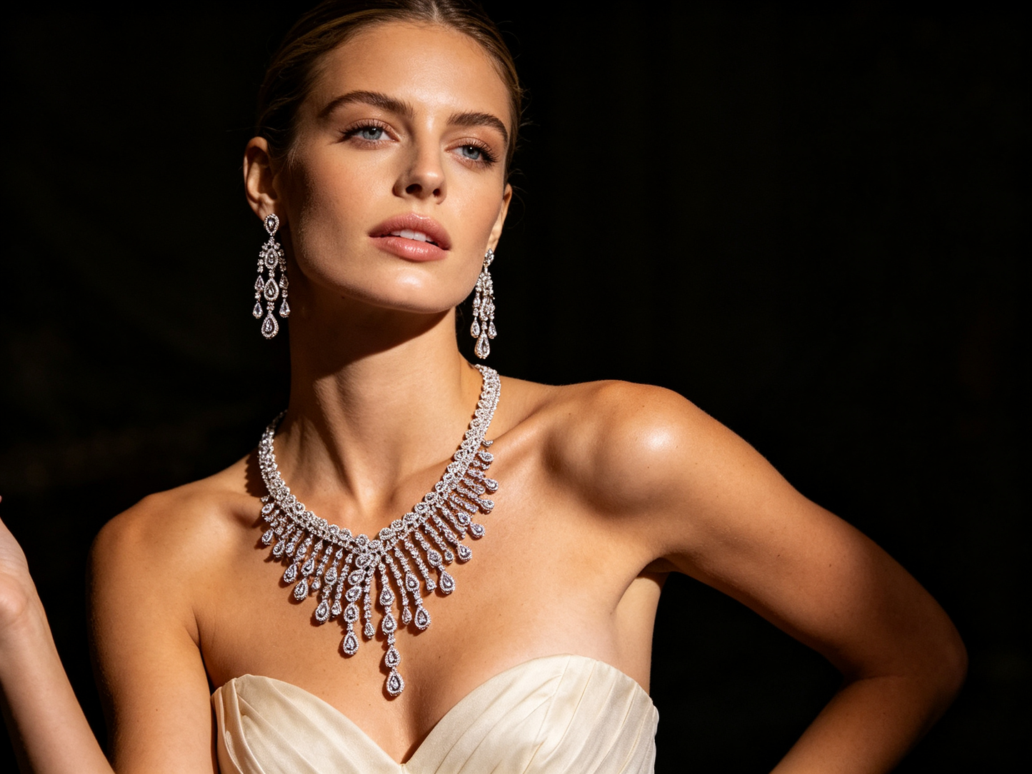 Luxury Full Zircon Fringe Necklace & Earring Set - Handmade Precision Prong Setting AAA Zircon Bridal Jewelry (46cm)LUNA-X150