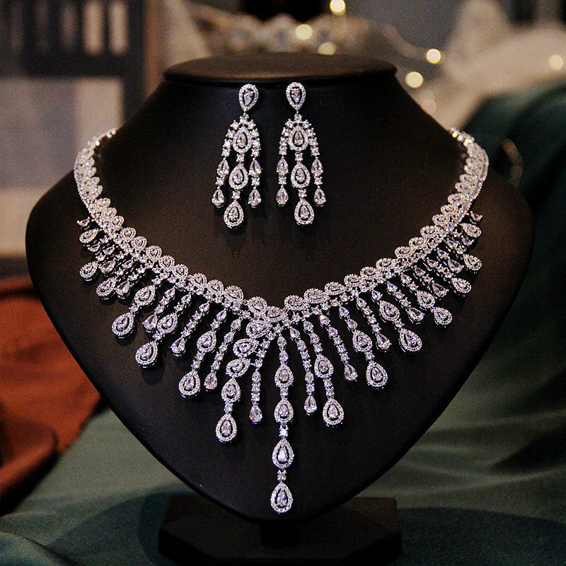 Luxury Full Zircon Fringe Necklace & Earring Set - Handmade Precision Prong Setting AAA Zircon Bridal Jewelry (46cm)LUNA-X150