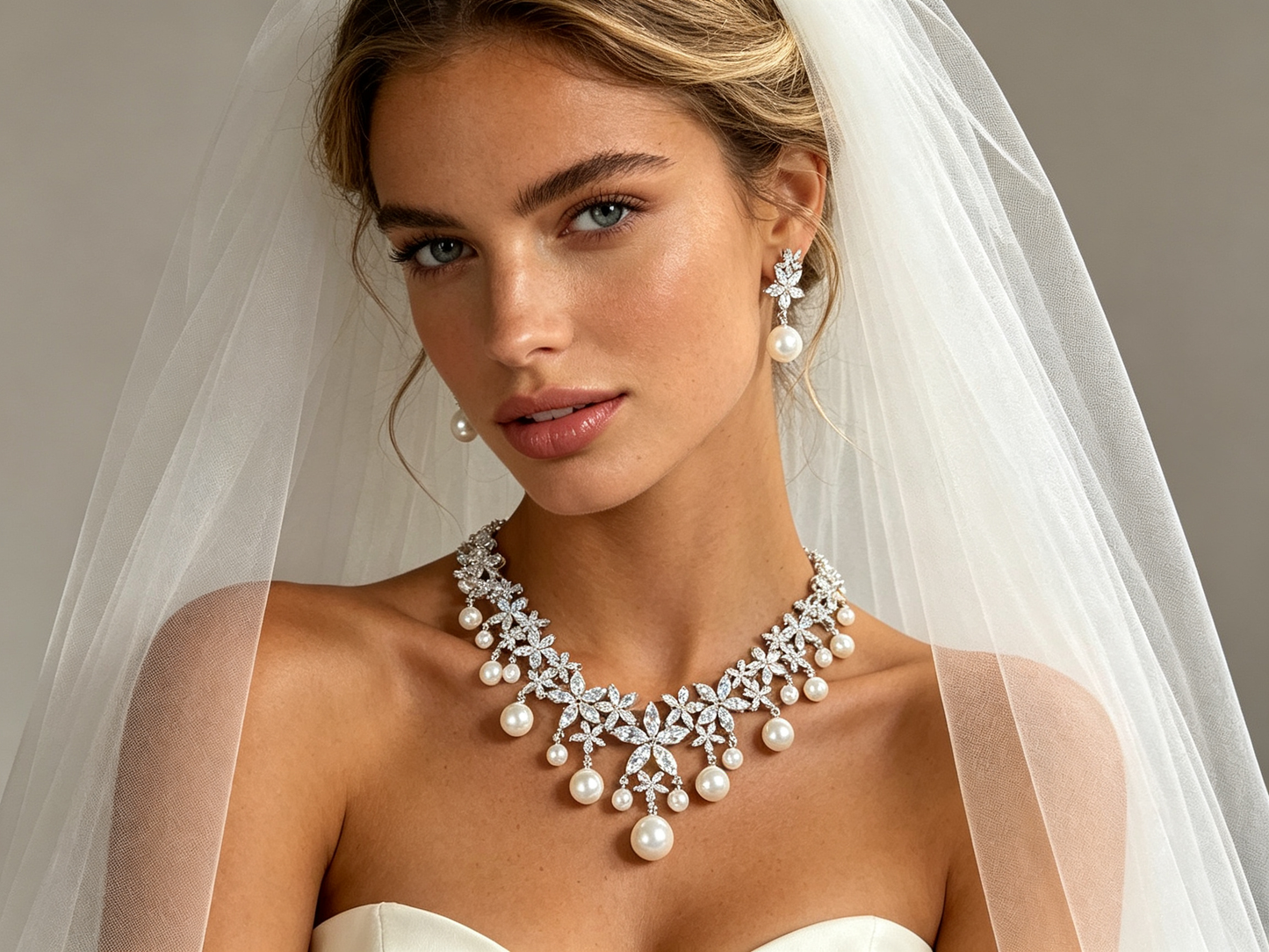 Luxury Marquise Zircon Wheat Ear Bridal Jewelry Set, Platinum Plated Geometric Leaf Choker Necklace & Shimmering Dangle Earrings with S925 Silver Pins LUNA-X159