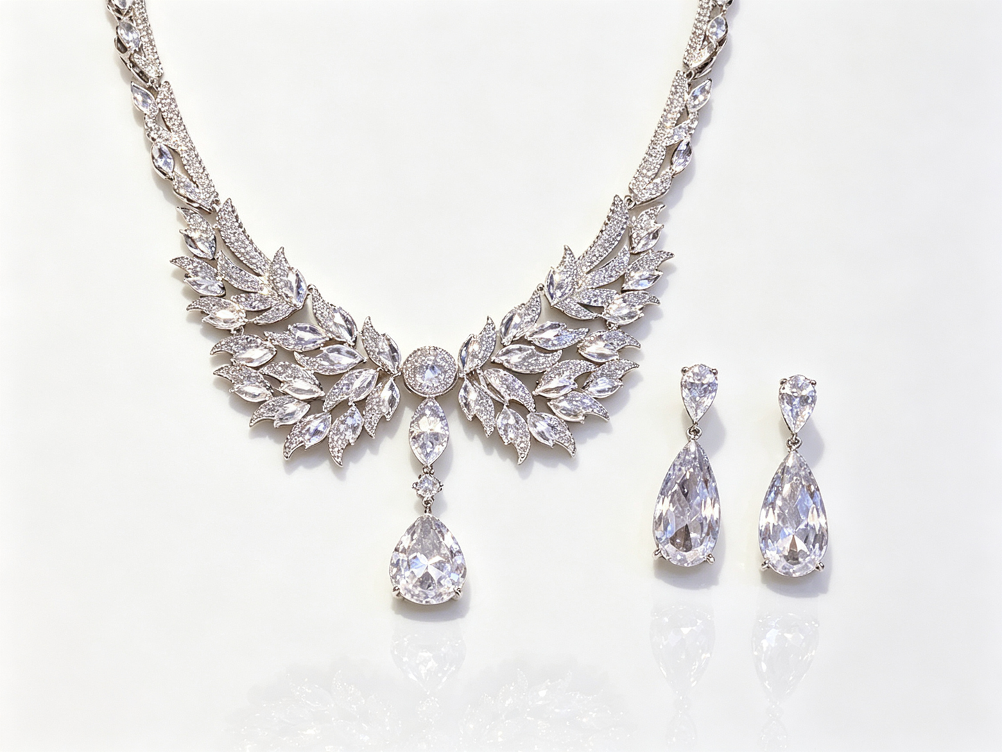 Luxury Angel Wing Zircon Necklace & Earring Set - Eco-Friendly Copper Thick White K Gold Plated Bridal Evening Jewelry LUNA-X146