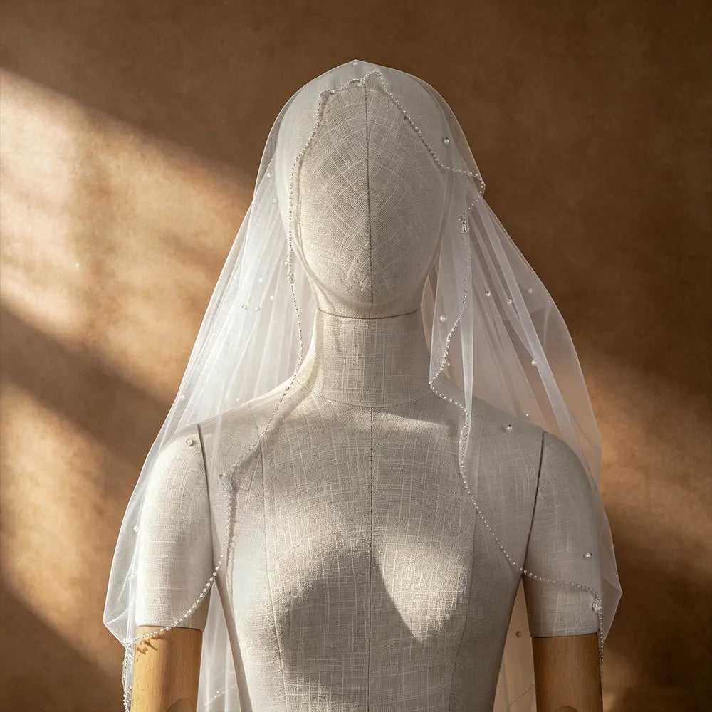 Moody bridal portrait highlighting sparkling crystal droplets cascading along soft white tulle