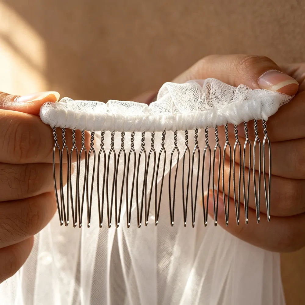 Close-up shot of hands holding 18-tooth silver metal comb wrapped securely with tulle gathering