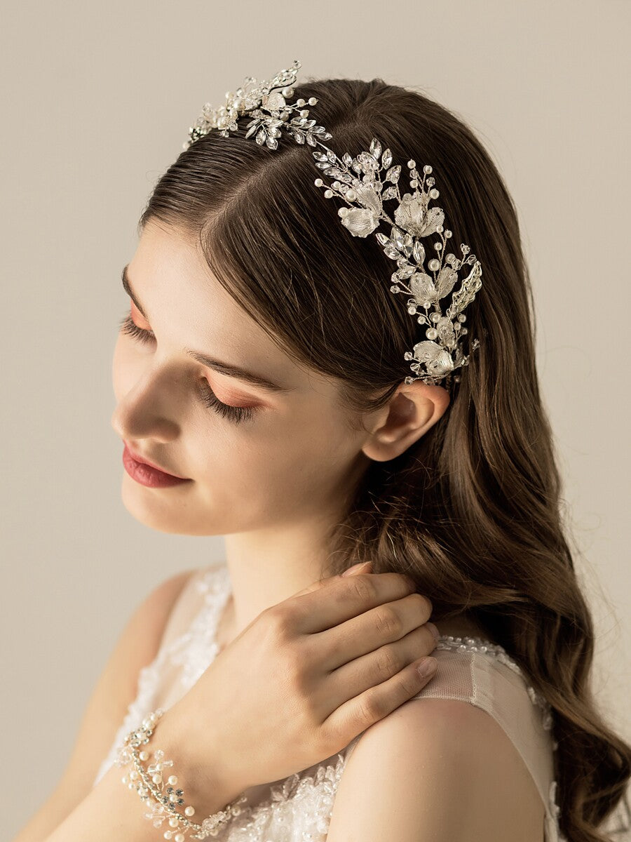 Silver Crystal Pearl Floral Vine Bridal Headband for Wedding and Banquet LUNA-X194