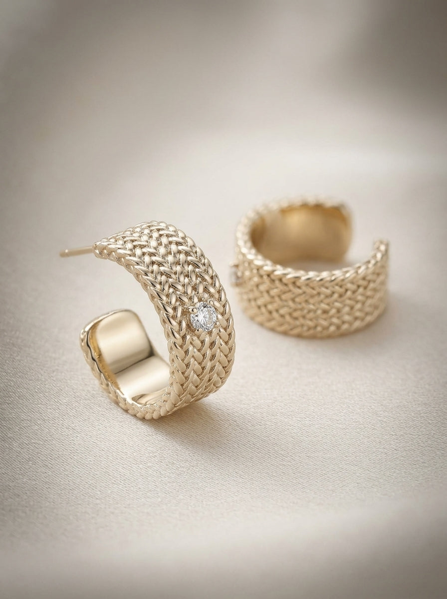 SUN HUNTER Woven Mesh Huggie Hoop Earrings & Ear Cuffs For Women S925 Silver Post Zircon Inlaid Two Tone Light Titanium Gold Silver Vintage Textured No Piercing Ear Jewelry Set  LUNA-X272