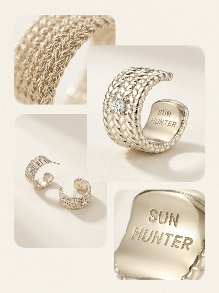 SUN HUNTER Woven Mesh Huggie Hoop Earrings & Ear Cuffs For Women S925 Silver Post Zircon Inlaid Two Tone Light Titanium Gold Silver Vintage Textured No Piercing Ear Jewelry Set  LUNA-X272