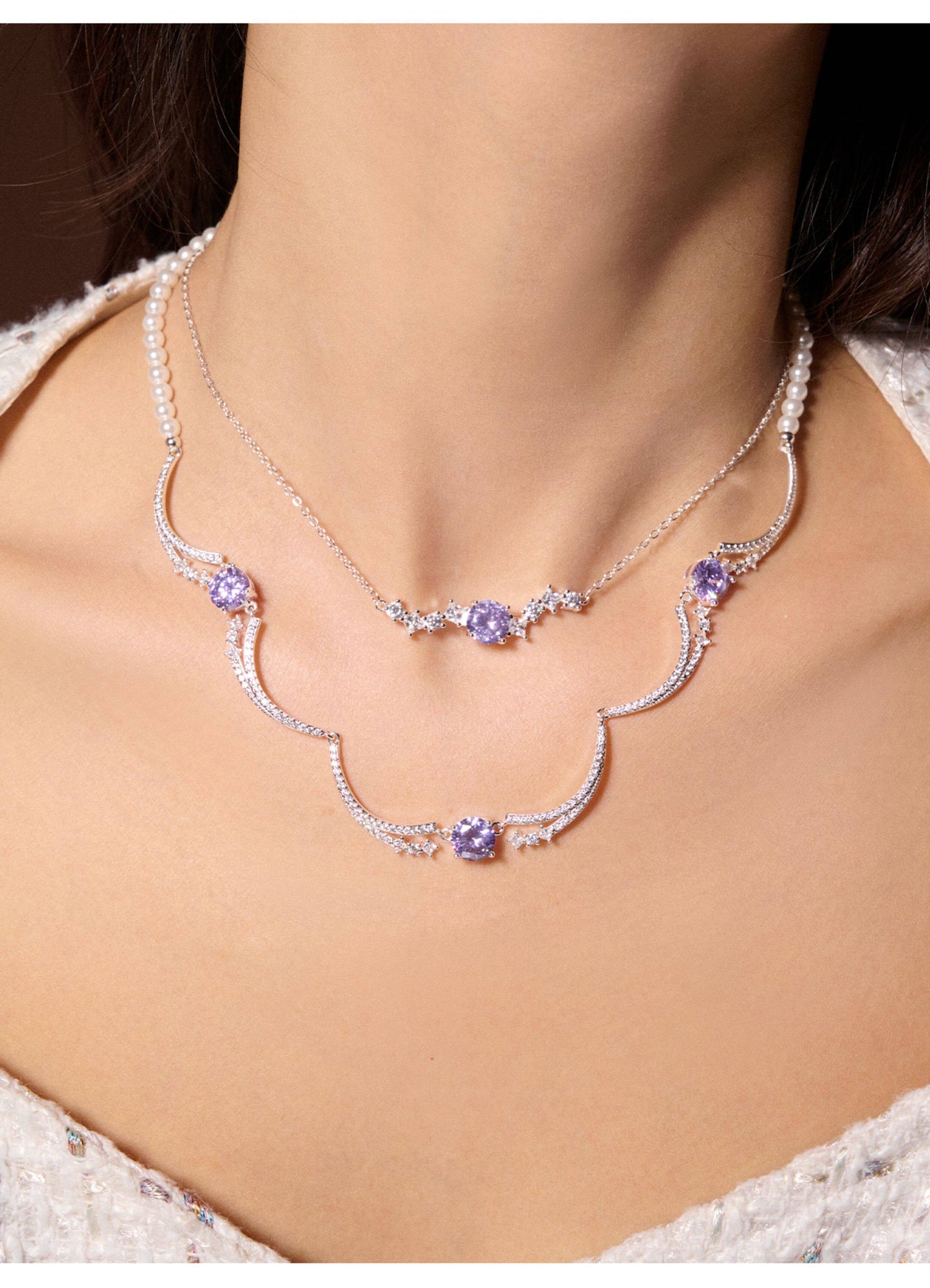 Two Style Purple 5A Cubic Zirconia Star Wave Necklace for Women, Dainty Thin Chain & Wavy Collarbone Design Copper Platinum Plated / Solid 925 Sterling Silver Layerable Formal Wedding Fine Jewelry Gift  LUNA-X298
