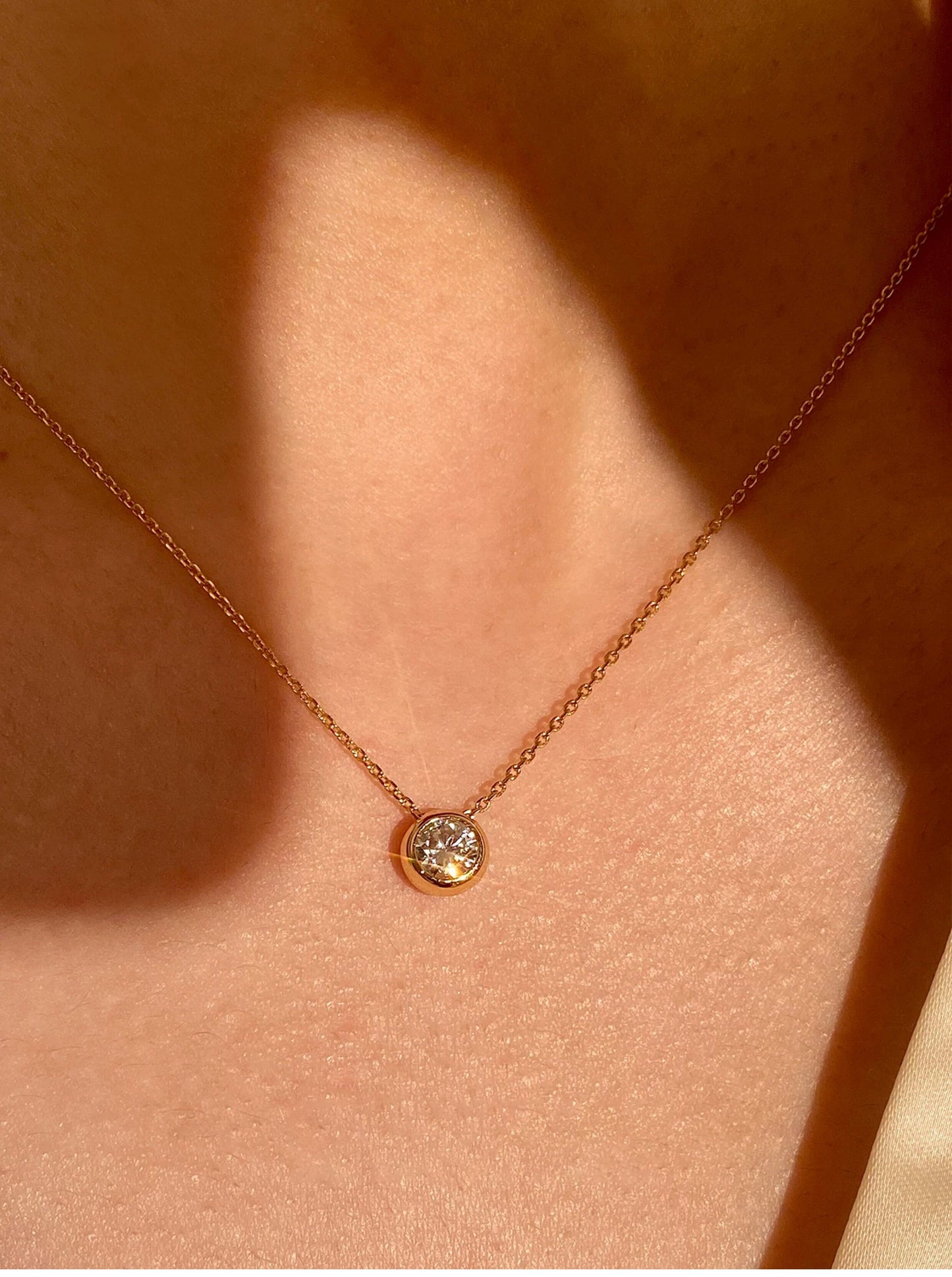 Dainty 60pt Moissanite Bezel Solitaire Gold Necklace for Women, Minimalist Round Bubble Pendant Adjustable 40+5cm Chain Daily Wear Fine Jewelry Gift  LUNA-X289