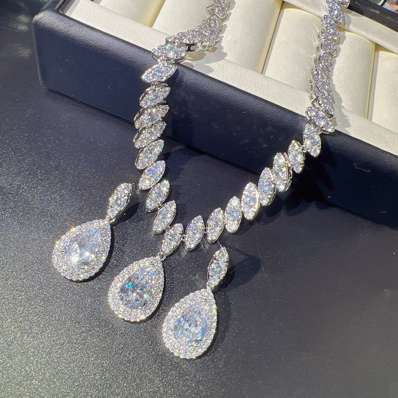 Luxury Teardrop Cubic Zirconia Jewelry Set - Elegant Crystal Statement Necklace and Dangle Earrings - White Gold Plated Bridal Banquet Set in 4 Royal Colors LUNA-X124