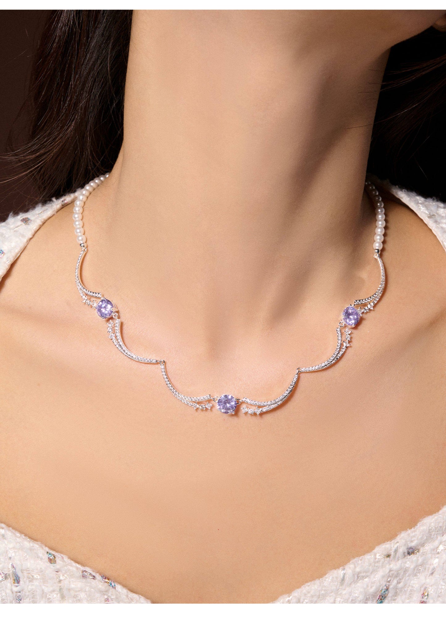 Two Style Purple 5A Cubic Zirconia Star Wave Necklace for Women, Dainty Thin Chain & Wavy Collarbone Design Copper Platinum Plated / Solid 925 Sterling Silver Layerable Formal Wedding Fine Jewelry Gift  LUNA-X298