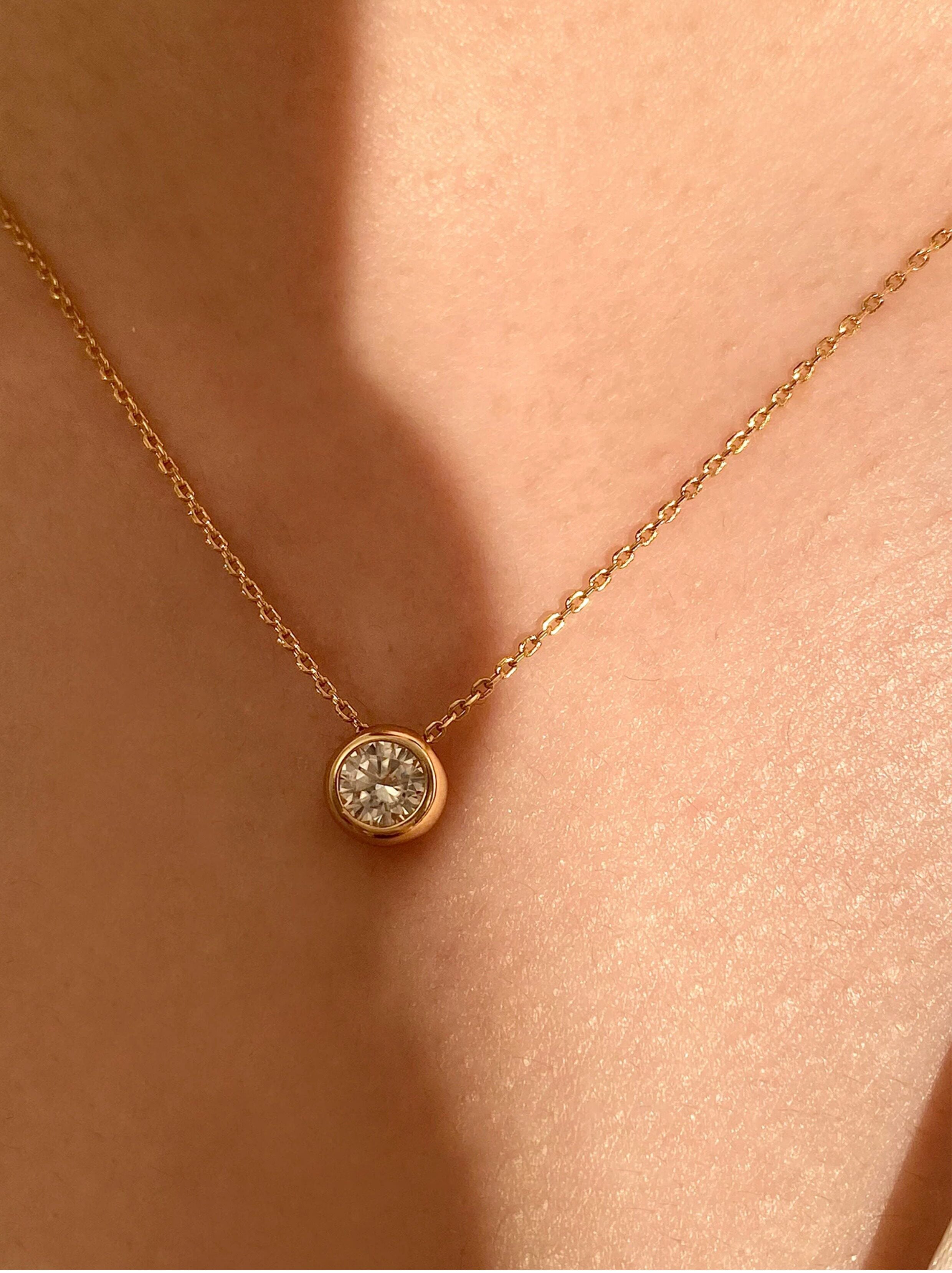 Dainty 60pt Moissanite Bezel Solitaire Gold Necklace for Women, Minimalist Round Bubble Pendant Adjustable 40+5cm Chain Daily Wear Fine Jewelry Gift  LUNA-X289