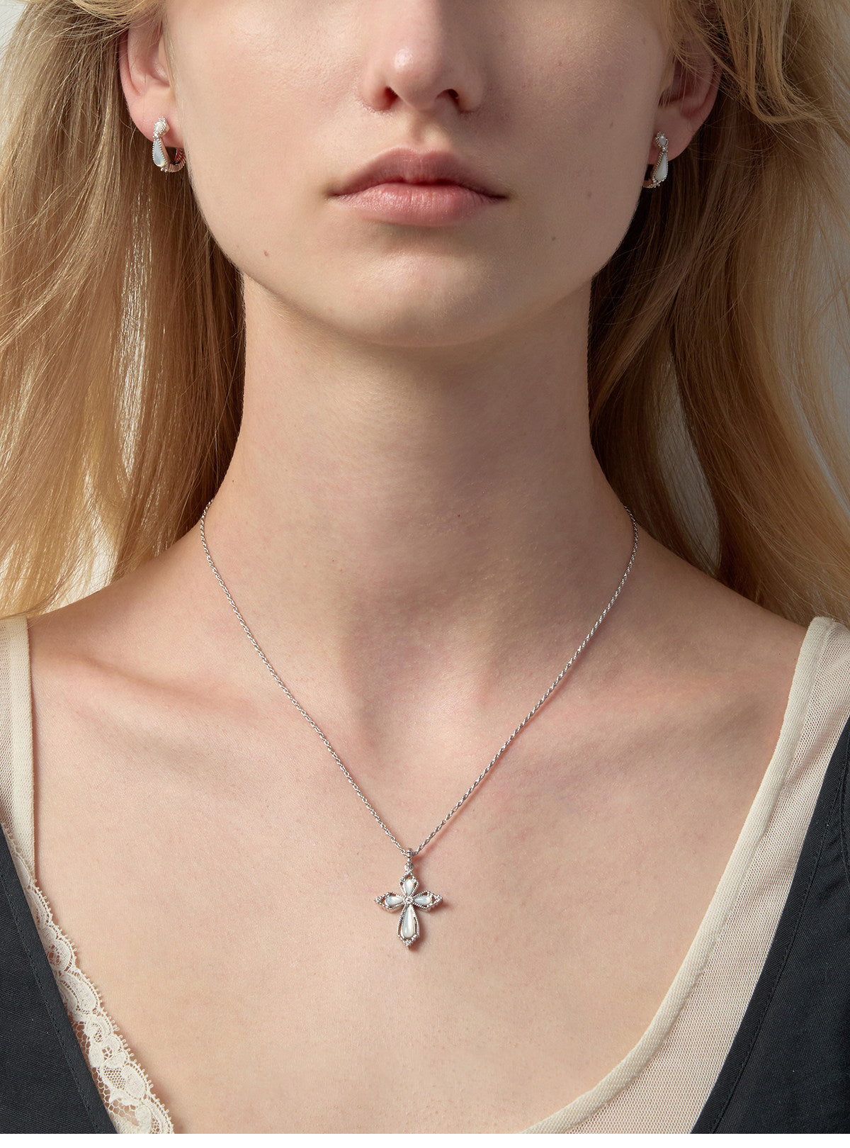Women’s Vintage Filigree Hollow Cross Pendant Necklace, Two Sizes, Silver Rhodium Plated, Black Onyx / White Mother of Pearl & Cubic Zirconia Adjustable Chain LUNA-X258