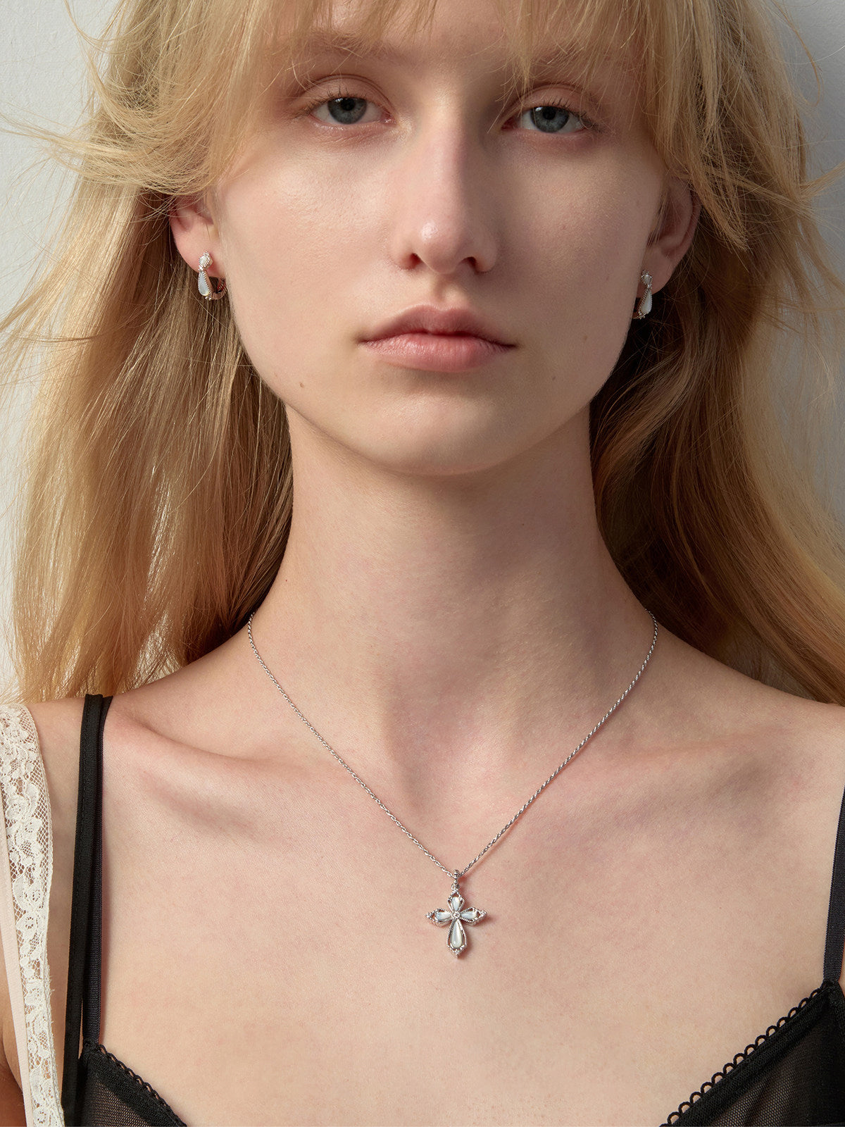 Women’s Vintage Filigree Hollow Cross Pendant Necklace, Two Sizes, Silver Rhodium Plated, Black Onyx / White Mother of Pearl & Cubic Zirconia Adjustable Chain LUNA-X258