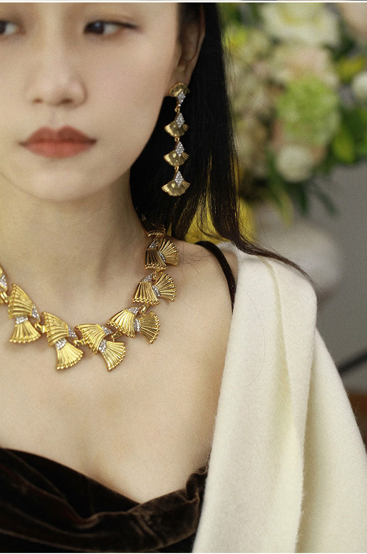 Vintage Ginkgo Leaf Matching Jewelry Set for Women, 24K Gold Plated Copper Cubic Zirconia Statement Choker Necklace & Long Drop Dangle Earrings Adjustable 46+8cm Chain Formal Wedding Banquet Luxury Fine Jewelry Gift LUNA-X301