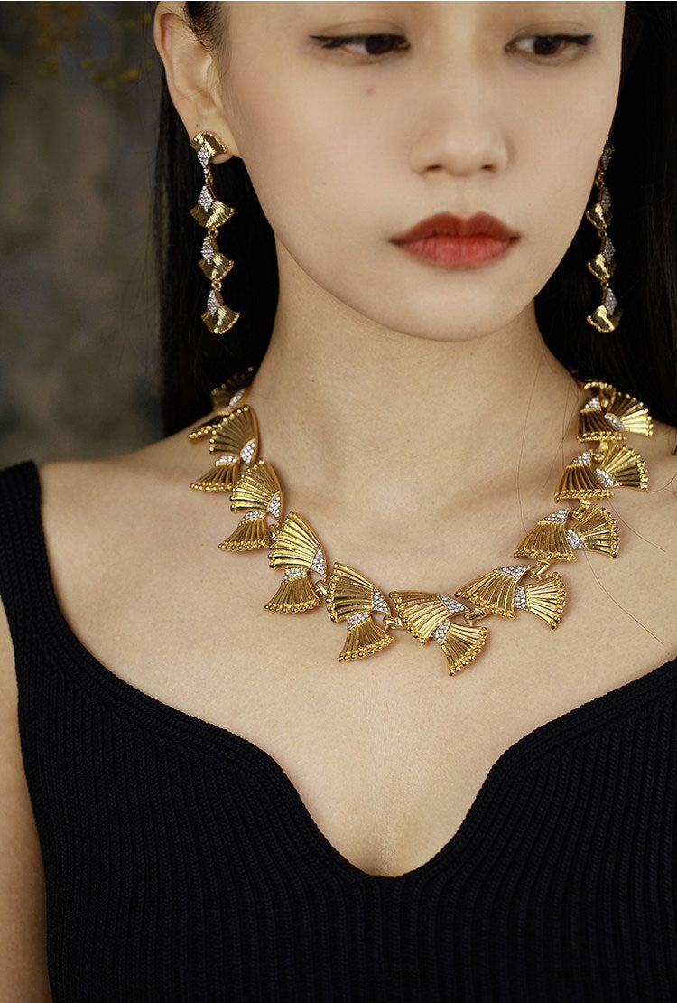 Vintage Ginkgo Leaf Matching Jewelry Set for Women, 24K Gold Plated Copper Cubic Zirconia Statement Choker Necklace & Long Drop Dangle Earrings Adjustable 46+8cm Chain Formal Wedding Banquet Luxury Fine Jewelry Gift LUNA-X301