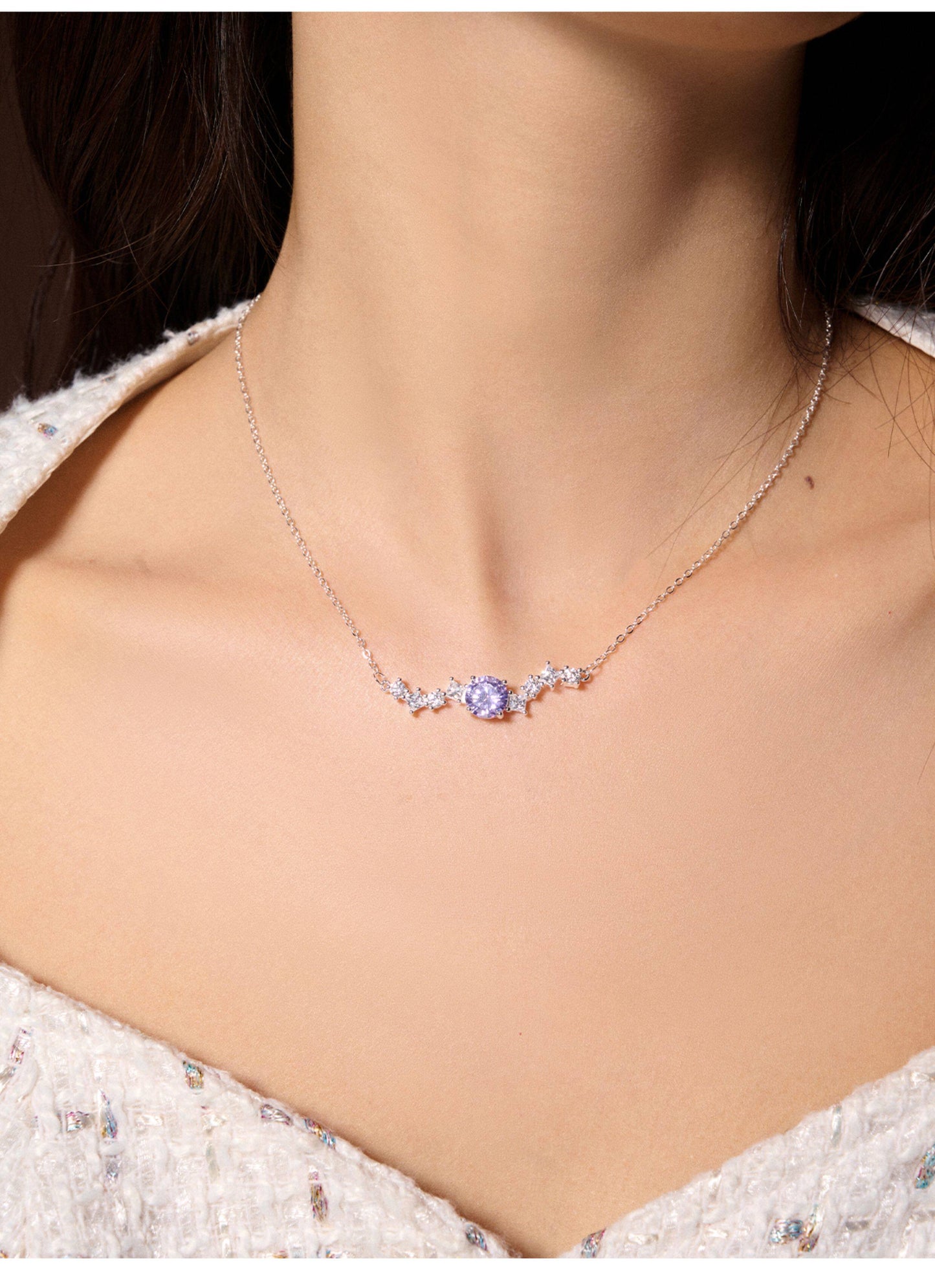 Two Style Purple 5A Cubic Zirconia Star Wave Necklace for Women, Dainty Thin Chain & Wavy Collarbone Design Copper Platinum Plated / Solid 925 Sterling Silver Layerable Formal Wedding Fine Jewelry Gift  LUNA-X298