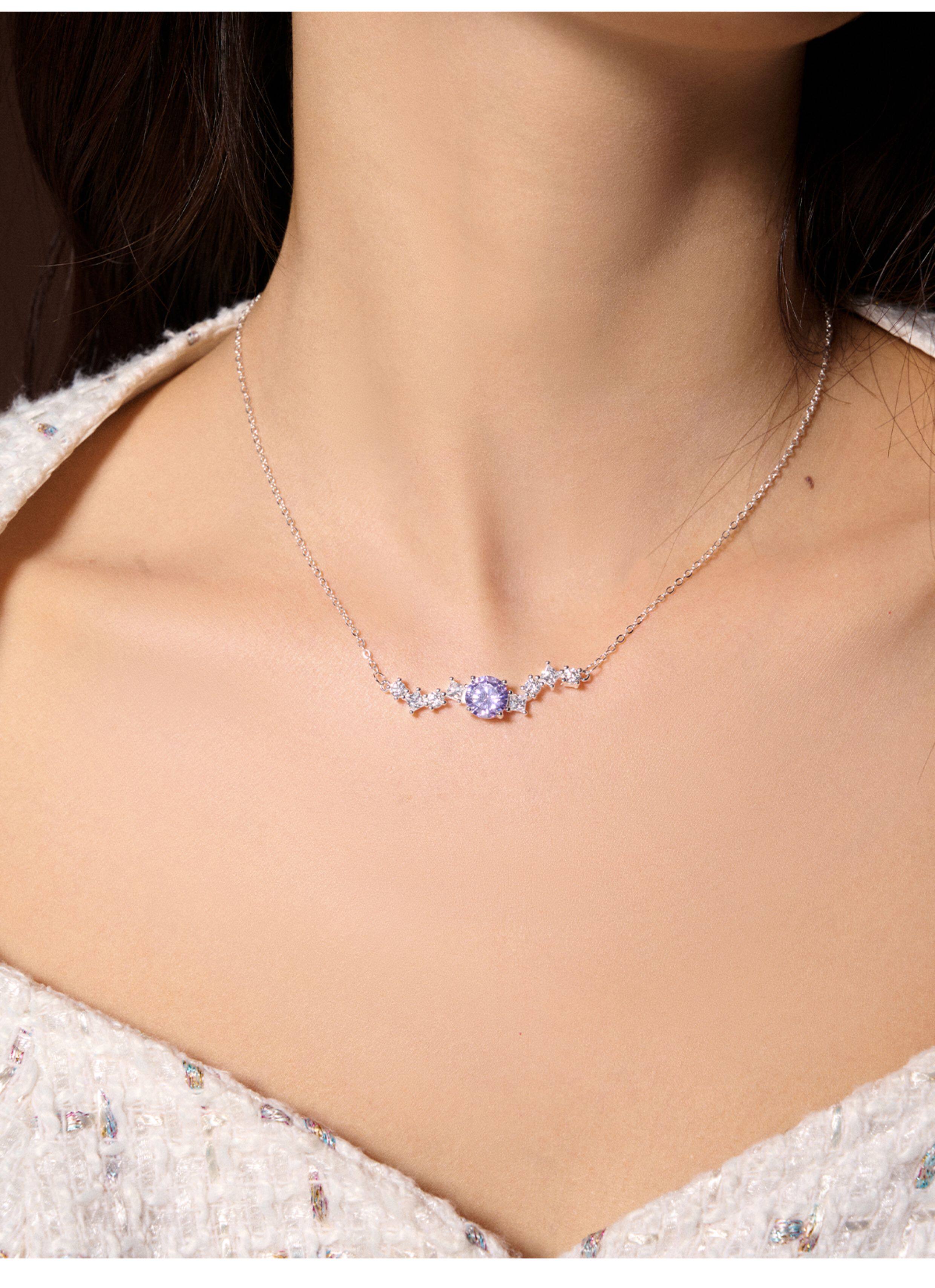 Dual-Style Star Purple 5A Cubic Zirconia Necklace, Layered Wavy & Thin Single Chain Collarbone Jewelry, Platinum Plated Copper Star Crystal Pendant Gift for Women LUNA-X298
