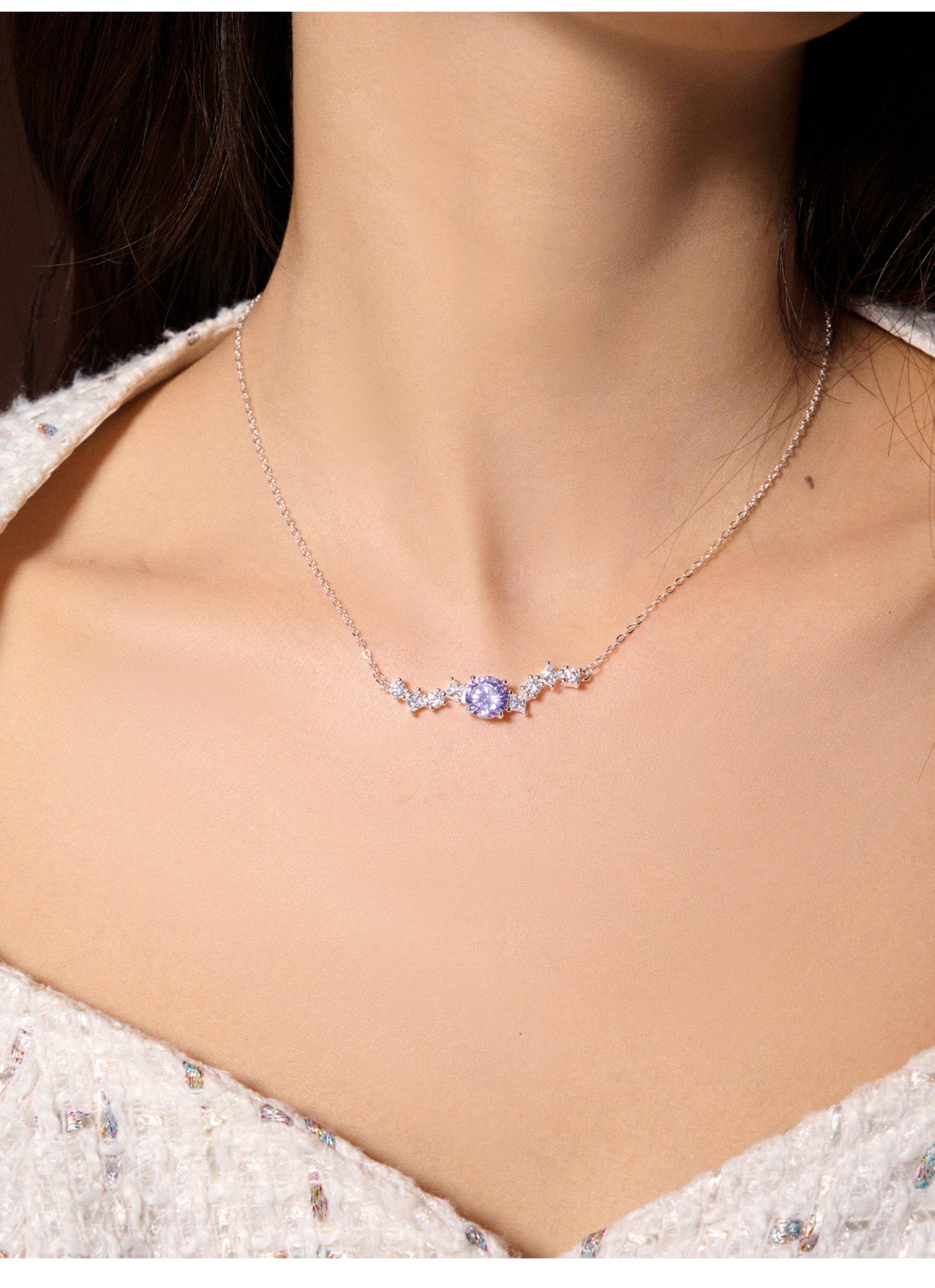 Dual-Style Star Purple 5A Cubic Zirconia Necklace, Layered Wavy & Thin Single Chain Collarbone Jewelry, Platinum Plated Copper Star Crystal Pendant Gift for Women LUNA-X298