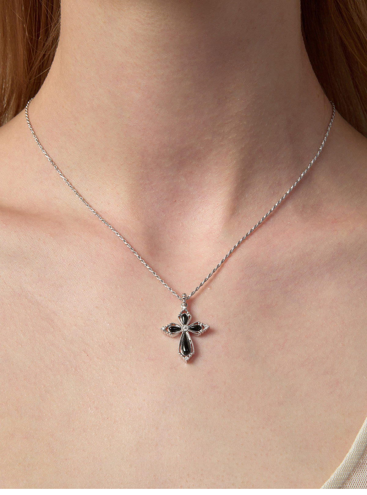 Women’s Vintage Filigree Hollow Cross Pendant Necklace, Two Sizes, Silver Rhodium Plated, Black Onyx / White Mother of Pearl & Cubic Zirconia Adjustable Chain LUNA-X258