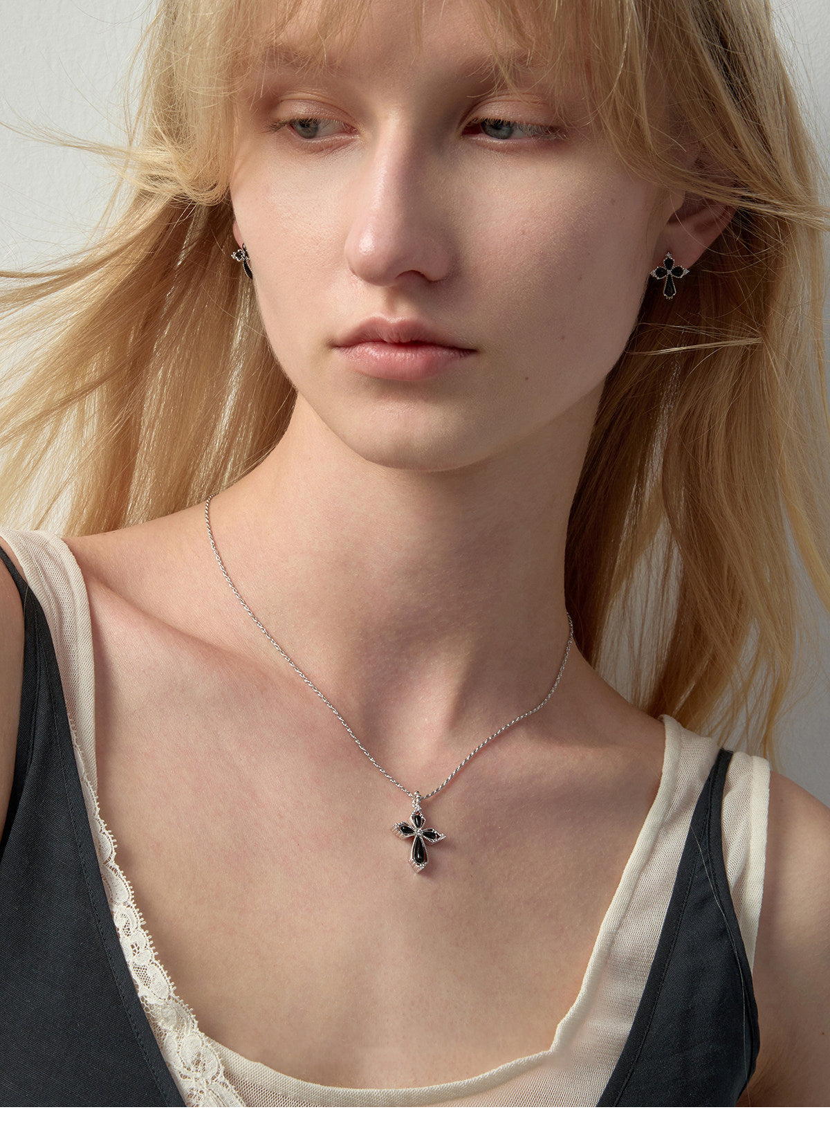 Women’s Vintage Filigree Hollow Cross Pendant Necklace, Two Sizes, Silver Rhodium Plated, Black Onyx / White Mother of Pearl & Cubic Zirconia Adjustable Chain LUNA-X258