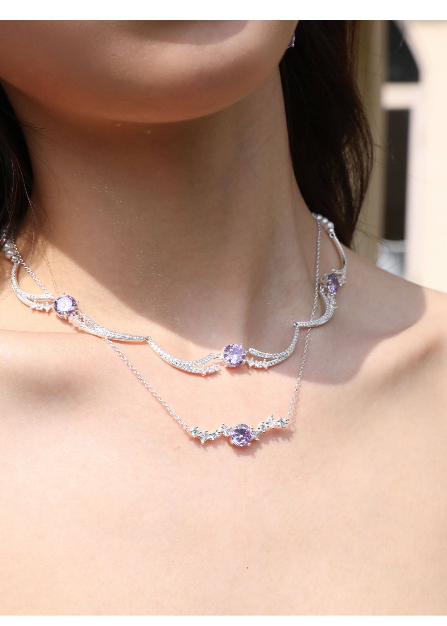Two Style Purple 5A Cubic Zirconia Star Wave Necklace for Women, Dainty Thin Chain & Wavy Collarbone Design Copper Platinum Plated / Solid 925 Sterling Silver Layerable Formal Wedding Fine Jewelry Gift  LUNA-X298