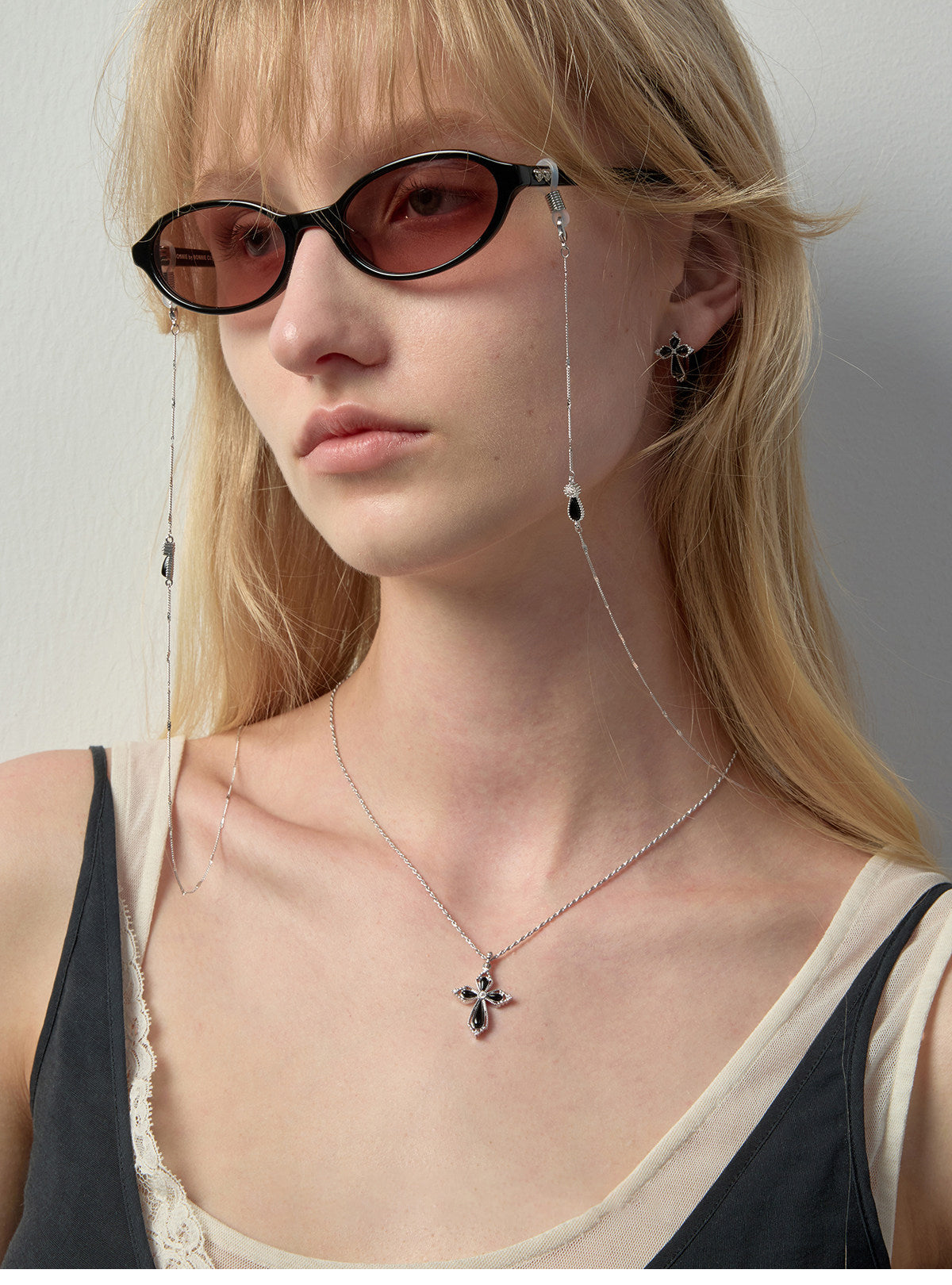 Women’s Vintage Filigree Hollow Cross Pendant Necklace, Two Sizes, Silver Rhodium Plated, Black Onyx / White Mother of Pearl & Cubic Zirconia Adjustable Chain LUNA-X258