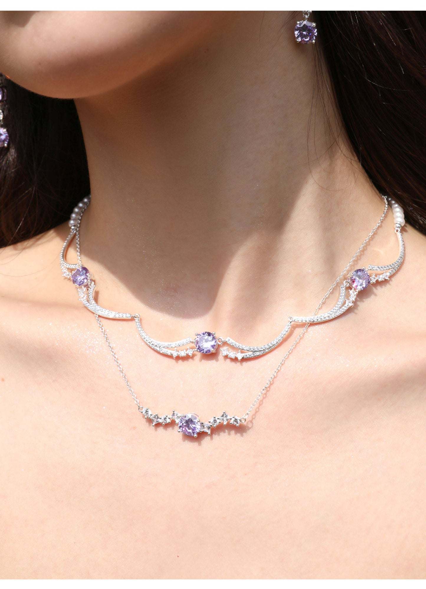 Two Style Purple 5A Cubic Zirconia Star Wave Necklace for Women, Dainty Thin Chain & Wavy Collarbone Design Copper Platinum Plated / Solid 925 Sterling Silver Layerable Formal Wedding Fine Jewelry Gift  LUNA-X298