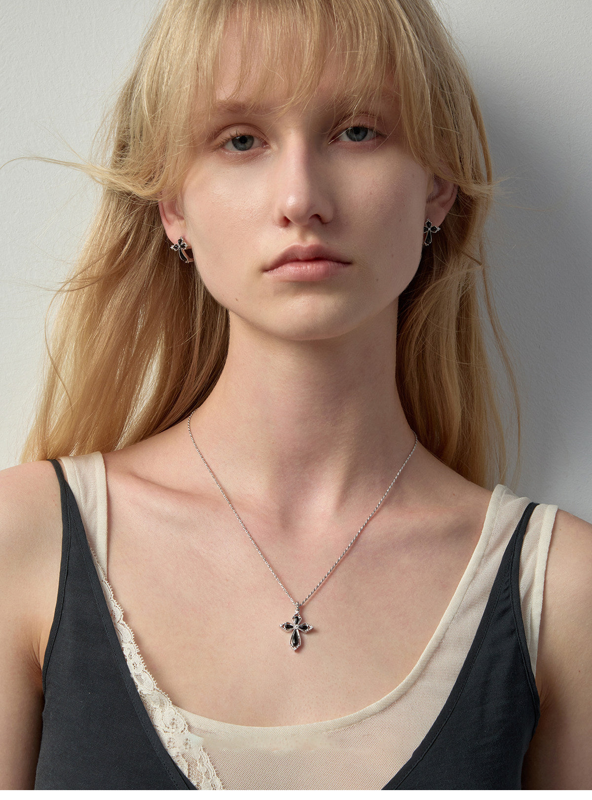 Women’s Vintage Filigree Hollow Cross Pendant Necklace, Two Sizes, Silver Rhodium Plated, Black Onyx / White Mother of Pearl & Cubic Zirconia Adjustable Chain LUNA-X258