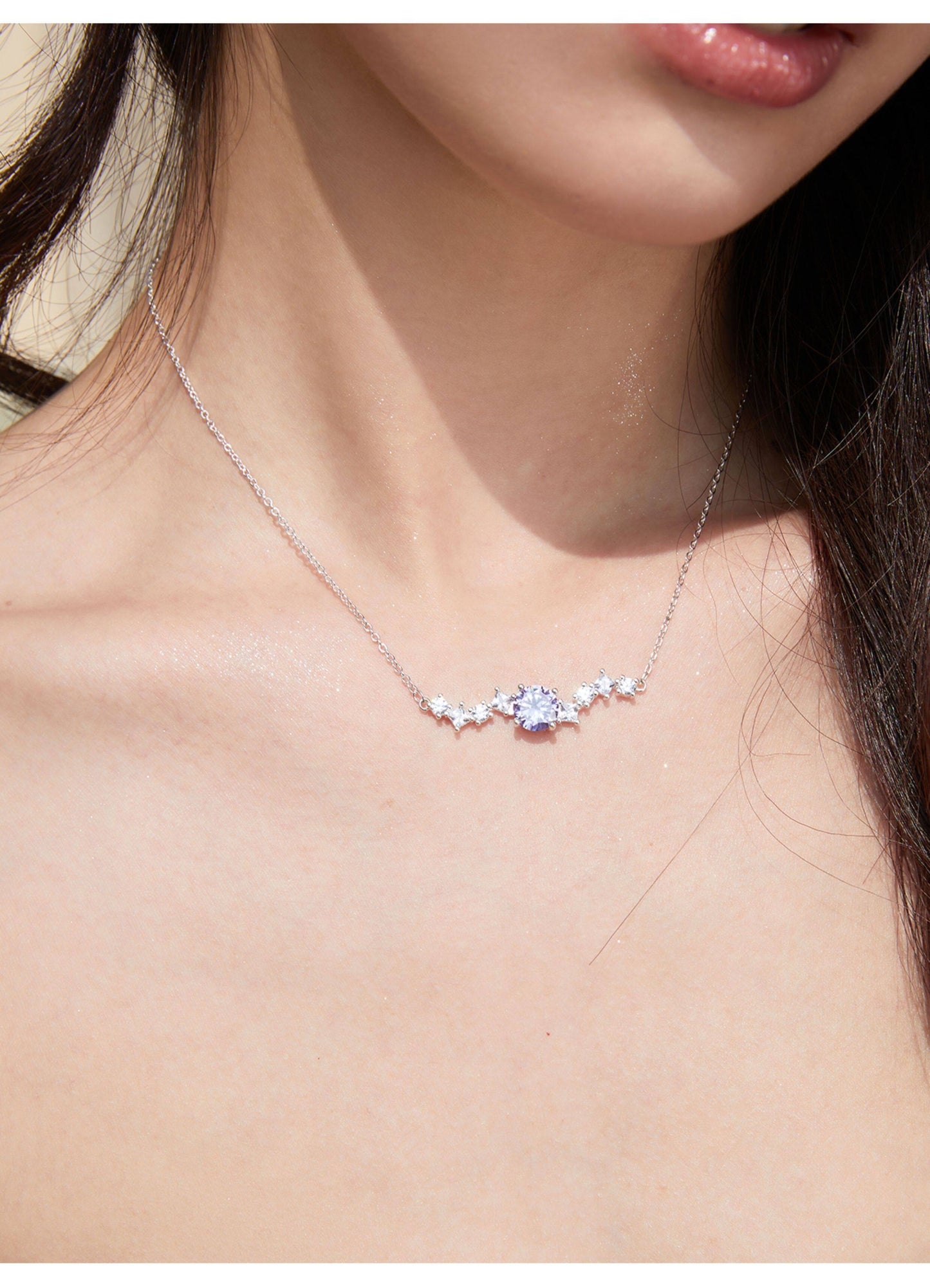 Two Style Purple 5A Cubic Zirconia Star Wave Necklace for Women, Dainty Thin Chain & Wavy Collarbone Design Copper Platinum Plated / Solid 925 Sterling Silver Layerable Formal Wedding Fine Jewelry Gift  LUNA-X298
