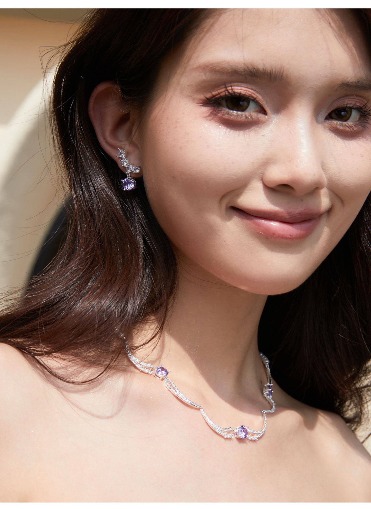 Two Style Purple 5A Cubic Zirconia Star Wave Necklace for Women, Dainty Thin Chain & Wavy Collarbone Design Copper Platinum Plated / Solid 925 Sterling Silver Layerable Formal Wedding Fine Jewelry Gift  LUNA-X298