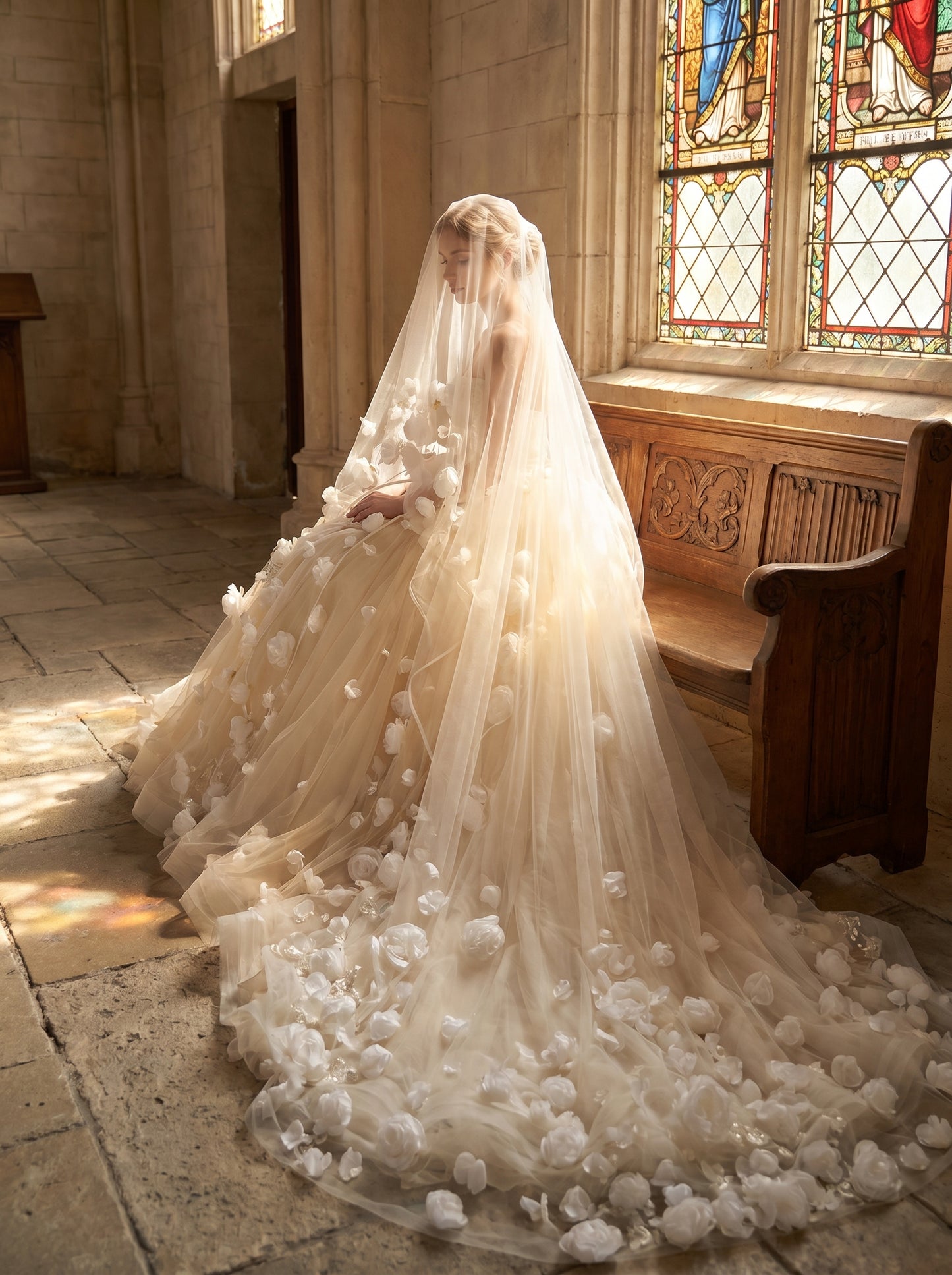 Grand Cathedral Wedding Veil - 118" Extra Wide Tulle with Majestic Royal Lace Appliqués and Secure Metal Comb LUNA-X01