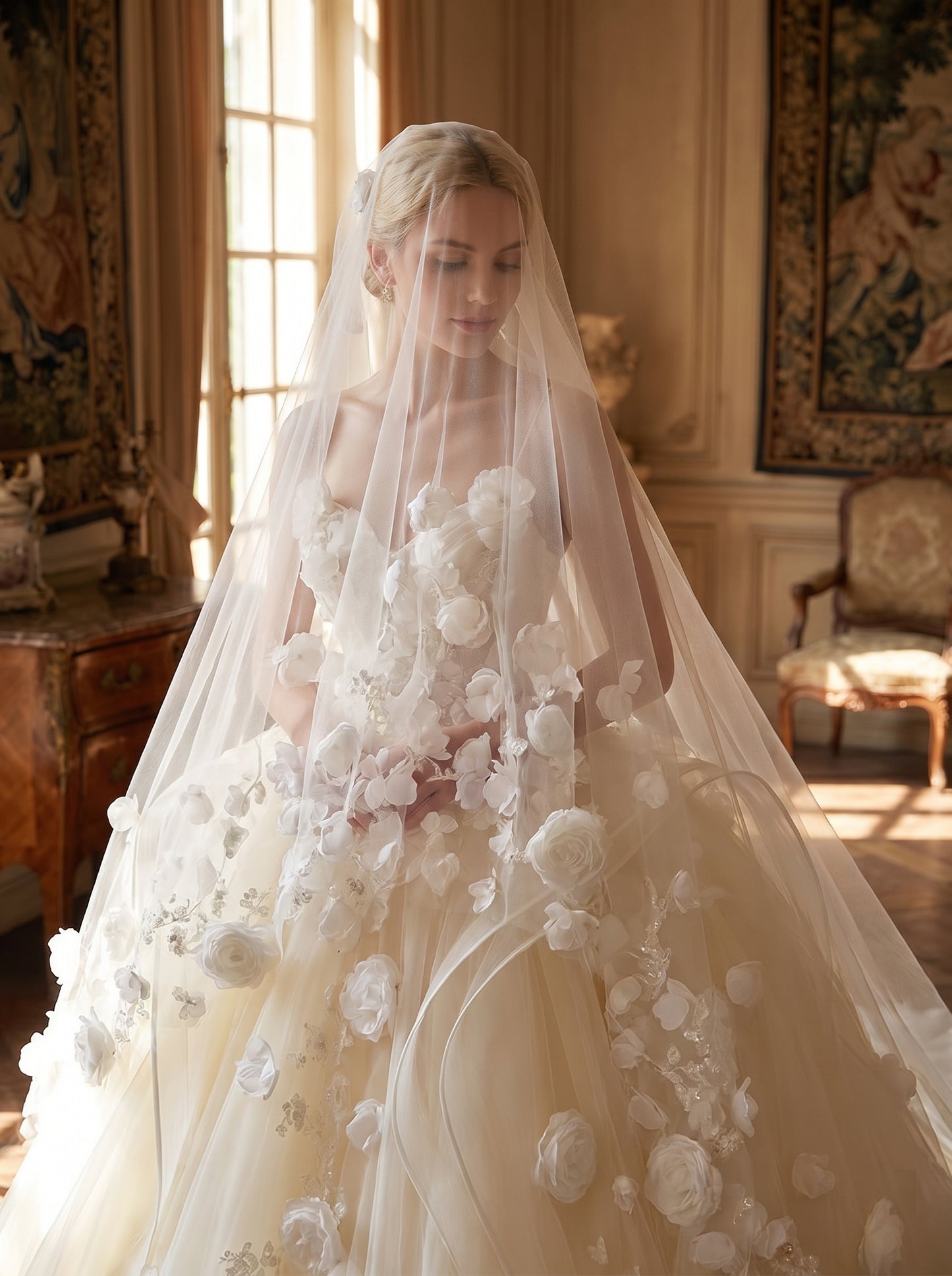 Grand Cathedral Wedding Veil - 118" Extra Wide Tulle with Majestic Royal Lace Appliqués and Secure Metal Comb LUNA-X01