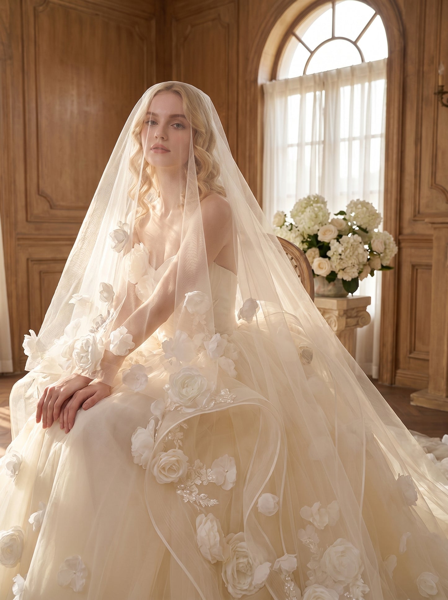 Grand Cathedral Wedding Veil - 118" Extra Wide Tulle with Majestic Royal Lace Appliqués and Secure Metal Comb LUNA-X01