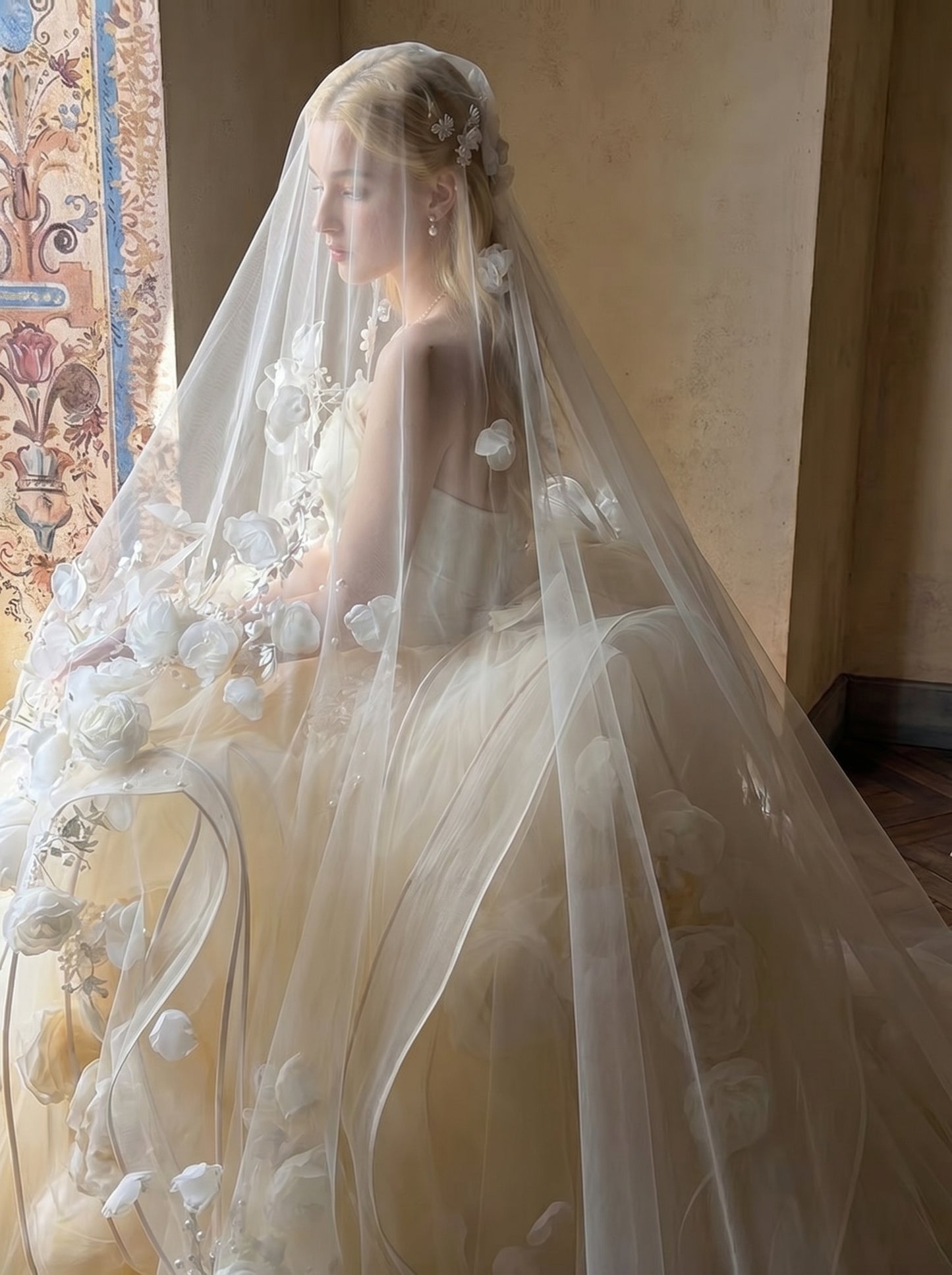 Grand Cathedral Wedding Veil - 118" Extra Wide Tulle with Majestic Royal Lace Appliqués and Secure Metal Comb LUNA-X01