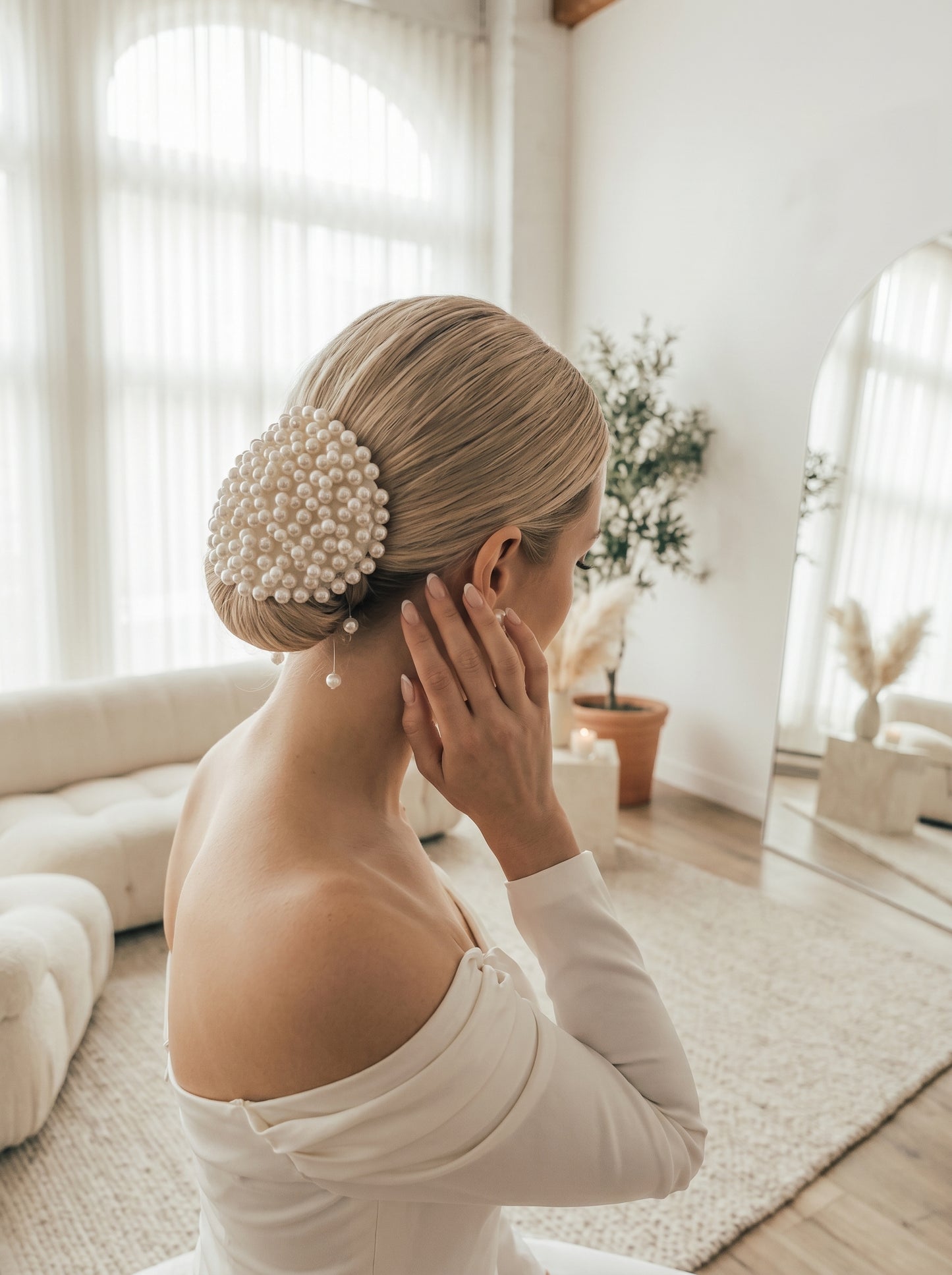 Luxury Pearlcore Bridal Bun Cover with Floating Pearl Rain - Ethereal Cluster Pearl Headpiece - Modern Statement Wedding Hair Accessory  LUNA-X235