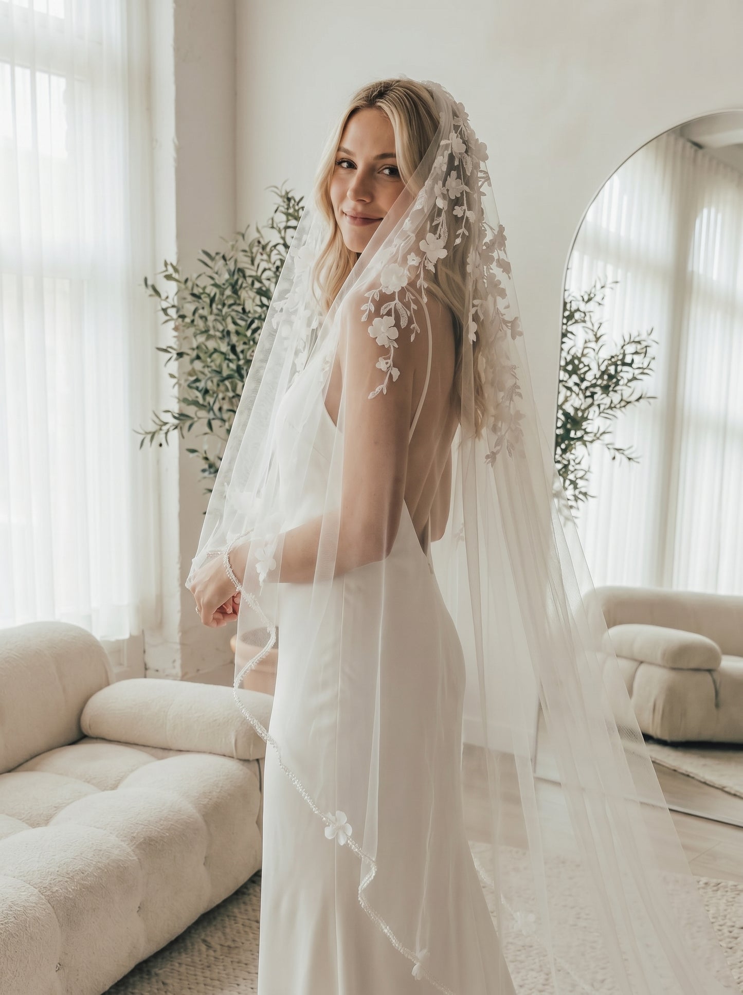 The Anti-Bride Minimalist Cathedral Veil - 3m Sleek One Layer Wedding Veil, Comb-Free High-Fashion Sheer Bridal Draping  LUNA-X48