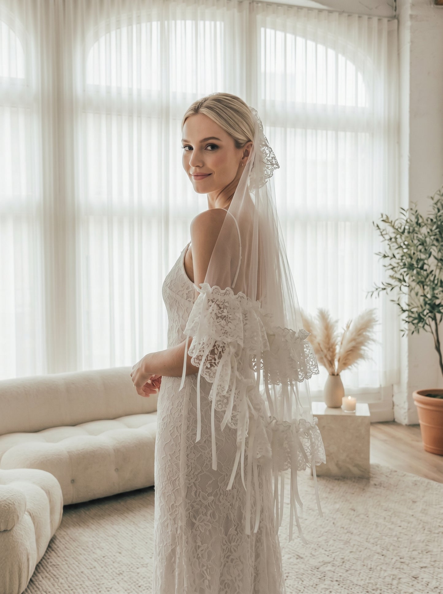 French Lace Bridal Bow Veil - 150cm Vintage Embroidery Ribbon Veil, Comb-Free Elegant Mantilla Wedding Veil LUNA-X59