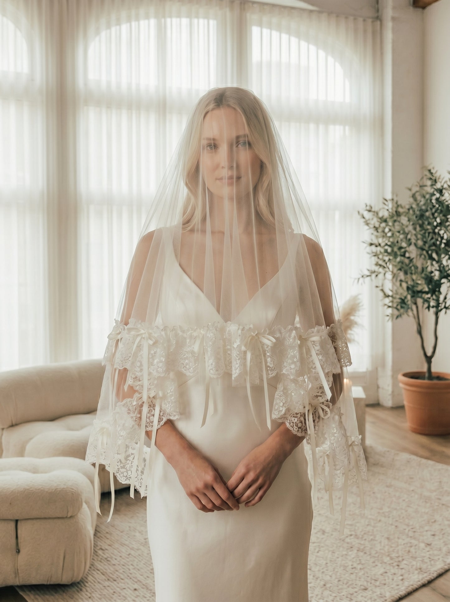 French Lace Bridal Bow Veil - 150cm Vintage Embroidery Ribbon Veil, Comb-Free Elegant Mantilla Wedding Veil LUNA-X59