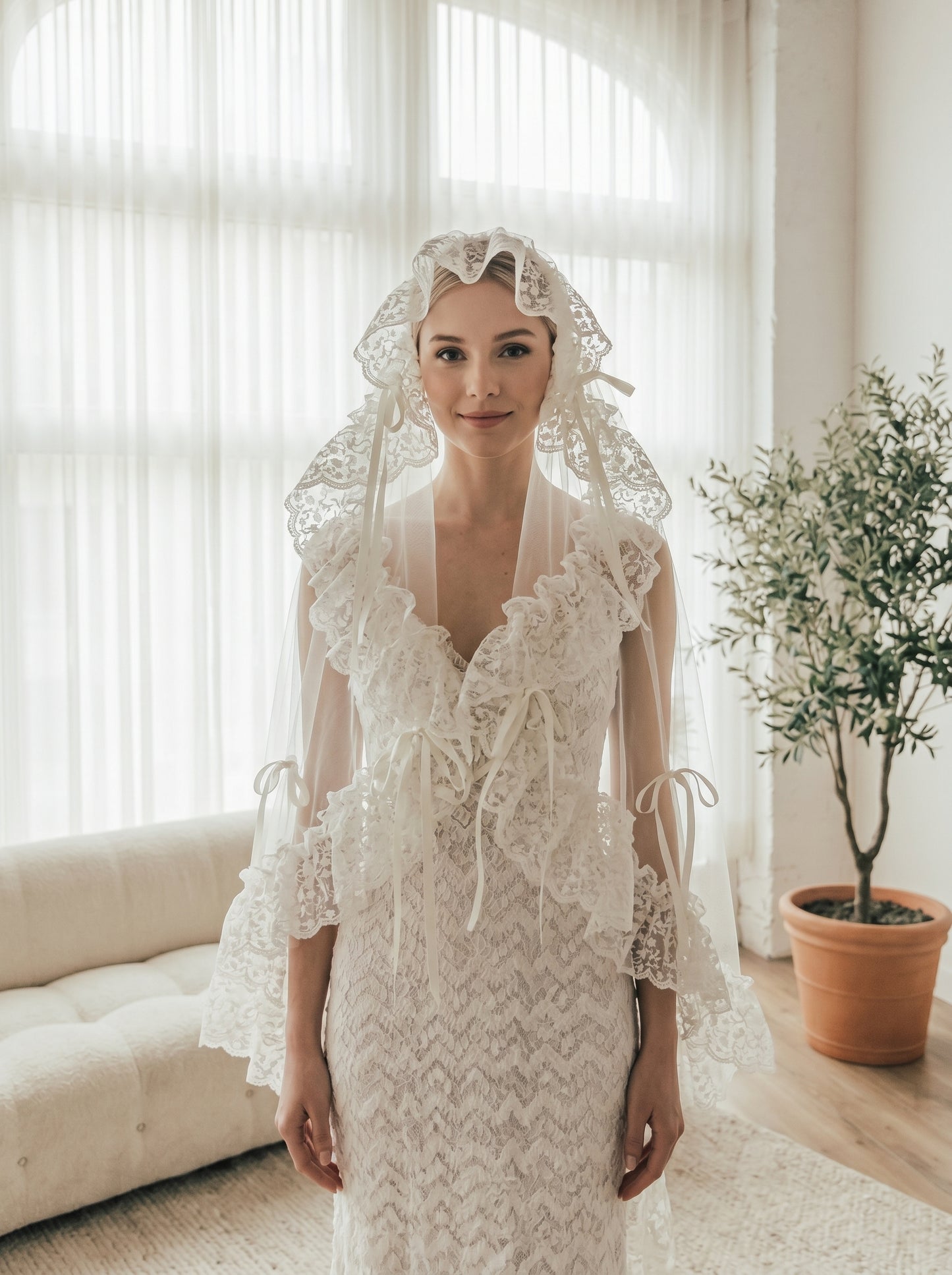 French Lace Bridal Bow Veil - 150cm Vintage Embroidery Ribbon Veil, Comb-Free Elegant Mantilla Wedding Veil LUNA-X59