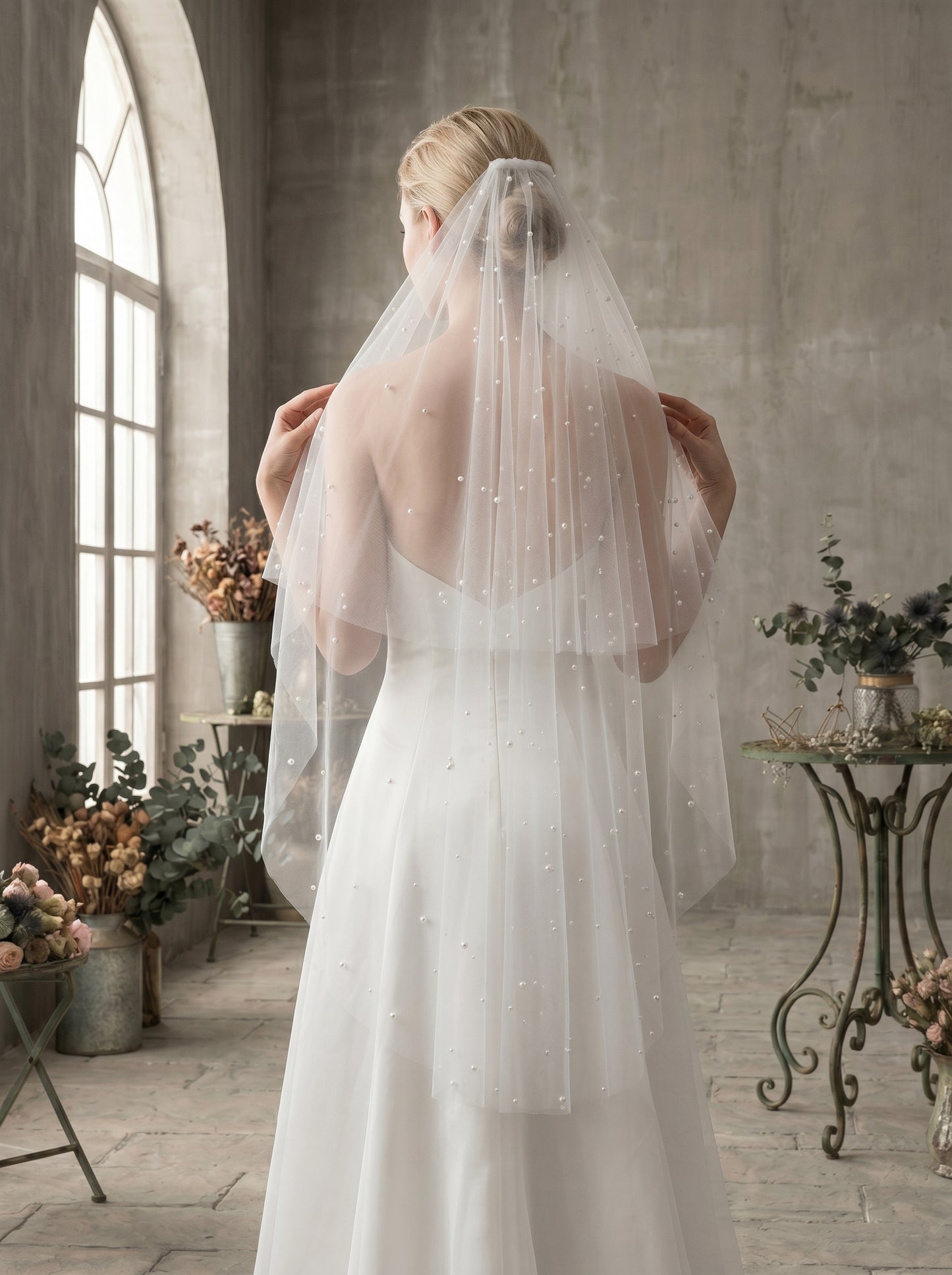 Luxury 2-Tier Pearl Fingertip Veil with Blusher - Milk White Soft Tulle Wedding Veil with Comb, Scattered Floating Pearlcore Bridal Veil  LUNA-X69