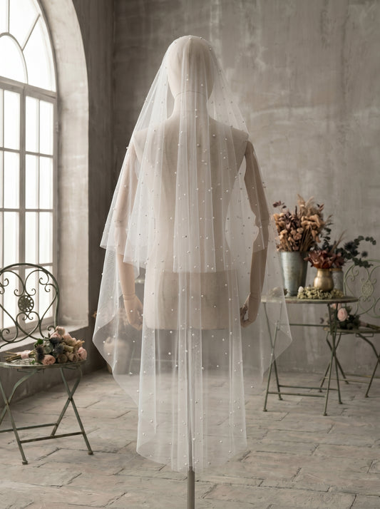 Luxury 2-Tier Pearl Fingertip Veil with Blusher - Milk White Soft Tulle Wedding Veil with Comb, Scattered Floating Pearlcore Bridal Veil  LUNA-X69